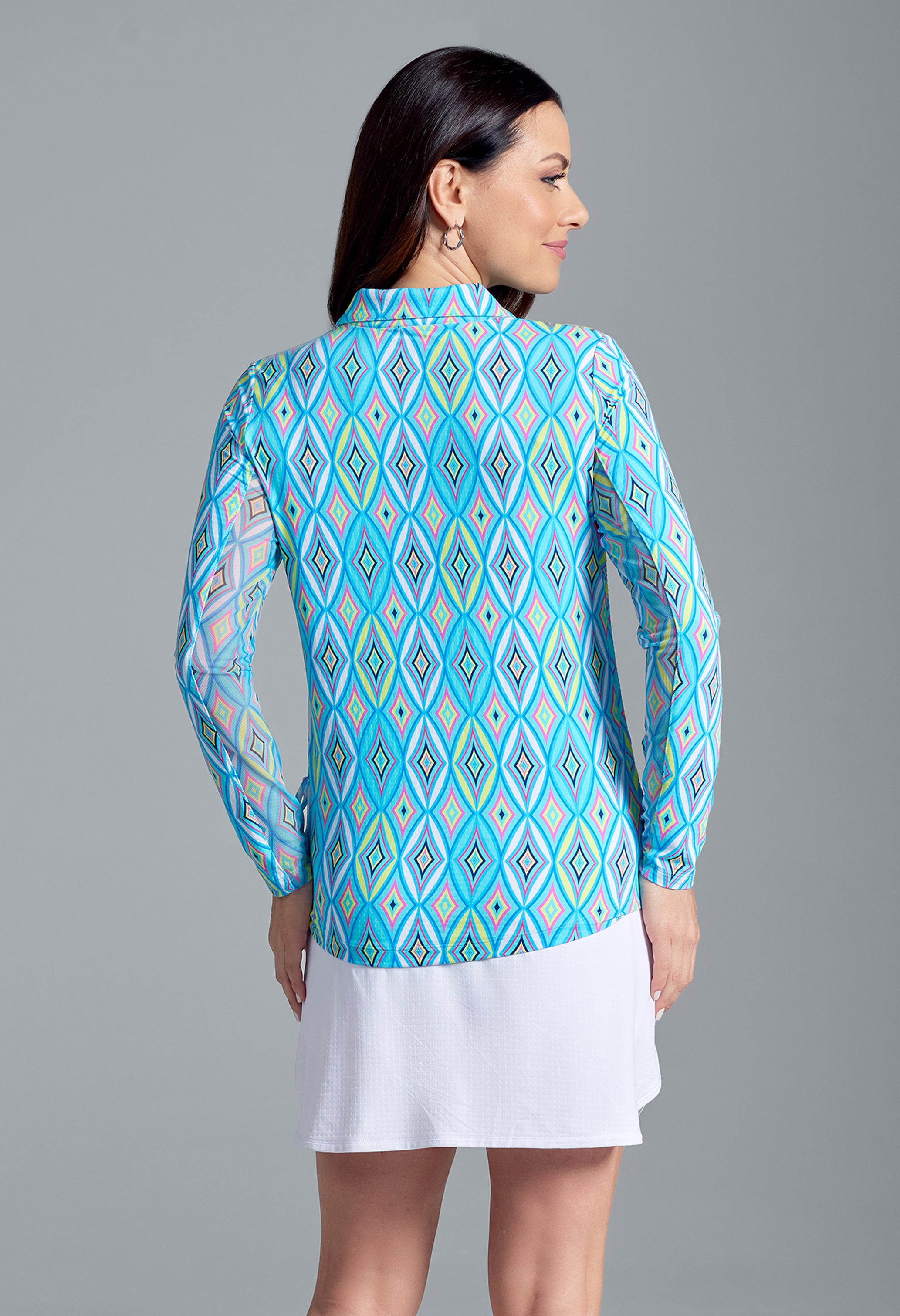 IBKÜL - Romina Print Adjustable Length Long Sleeve Polo – 48931 - Color: Seafoam Multi