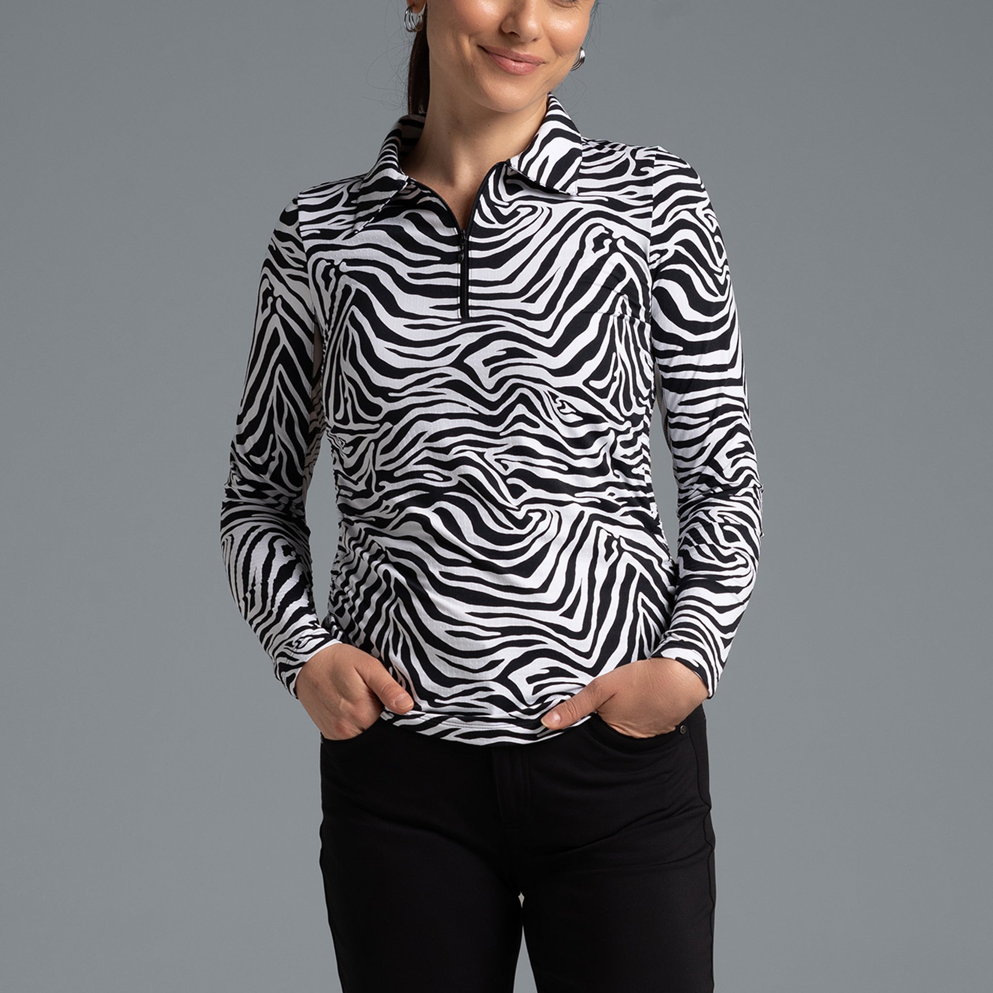 IBKÜL - Cecilia Print Adjustable Length Long Sleeve Polo – 48932 - Color: Black/White