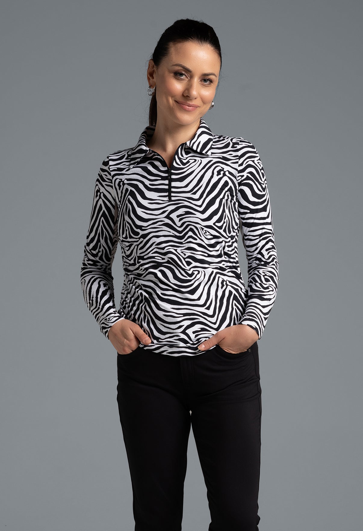 IBKÜL - Cecilia Print Adjustable Length Long Sleeve Polo – 48932 - Color: Black/White