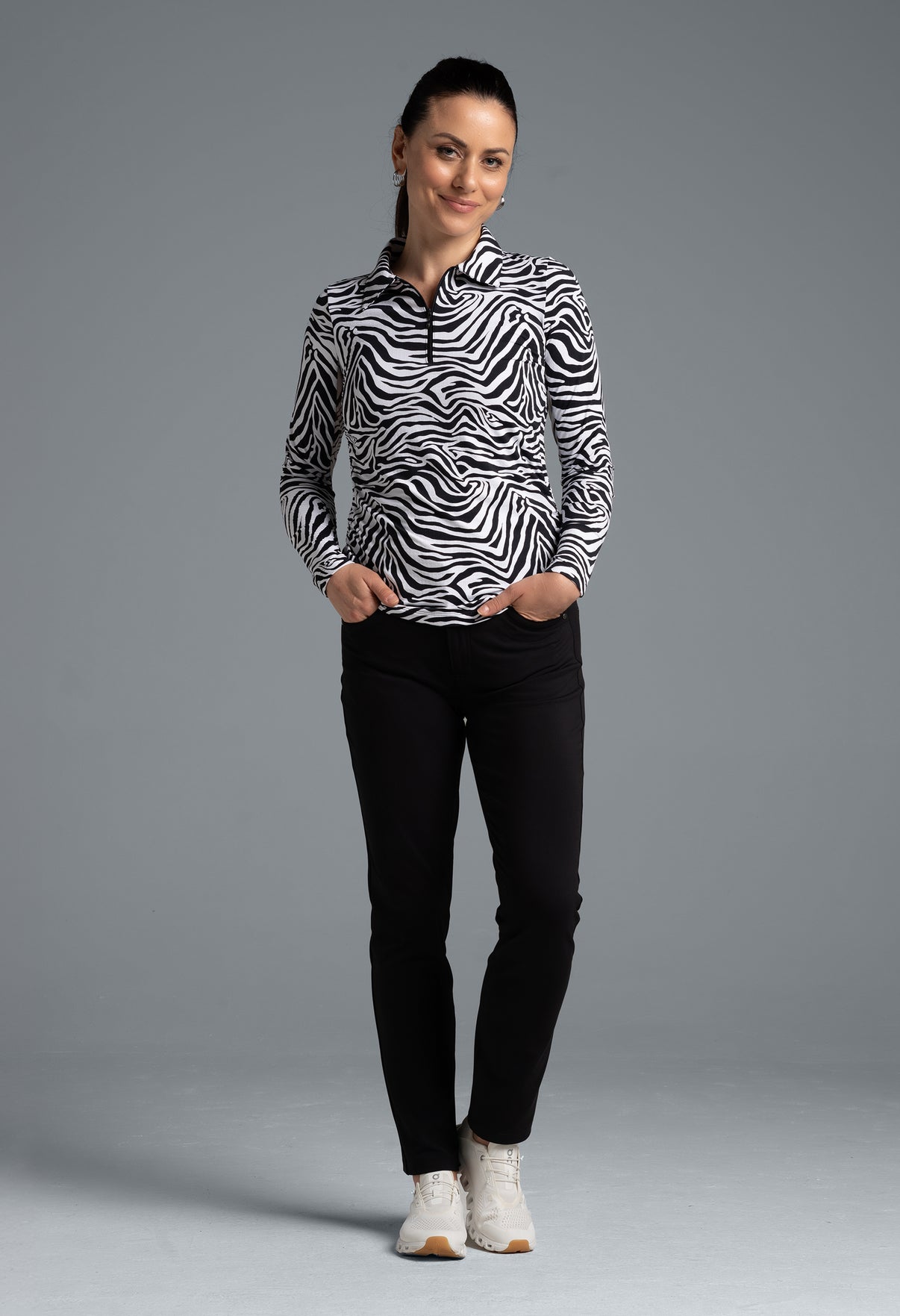IBKÜL - Cecilia Print Adjustable Length Long Sleeve Polo – 48932 - Color: Black/White
