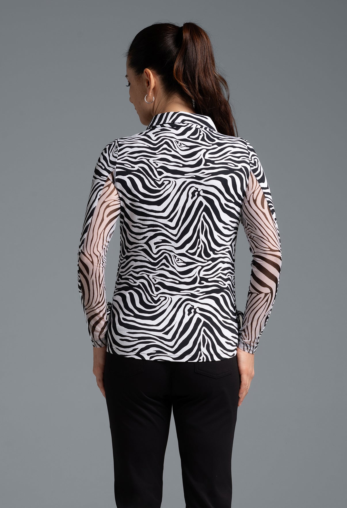 IBKÜL - Cecilia Print Adjustable Length Long Sleeve Polo – 48932 - Color: Black/White
