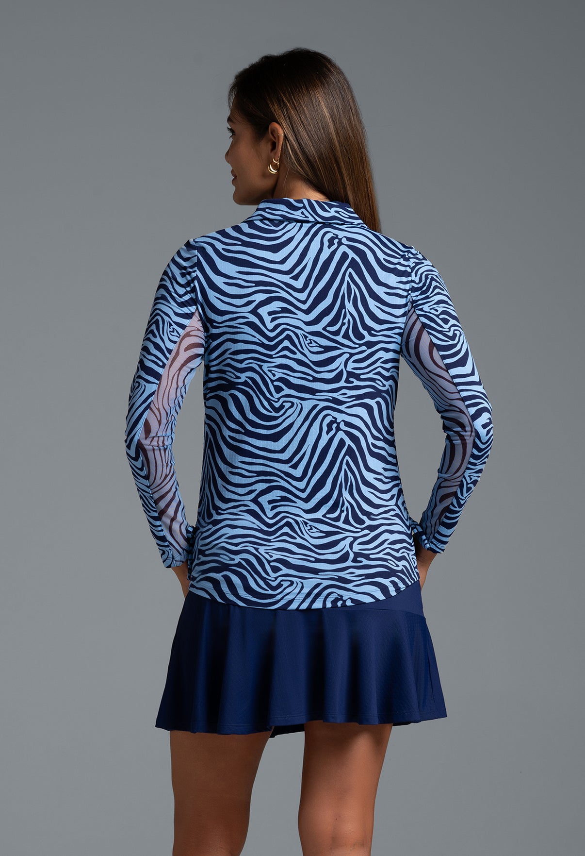 IBKÜL - Cecilia Print Adjustable Length Long Sleeve Polo – 48932 - Color: Navy/Peri