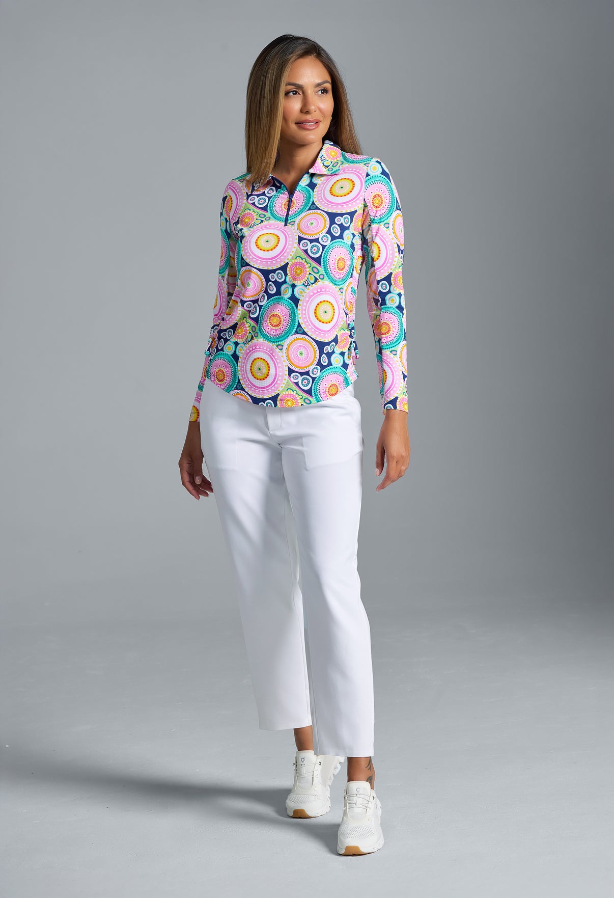 IBKÜL - Leona Print Adjustable Length Long Sleeve Polo – 48933 - Color: Navy Multi