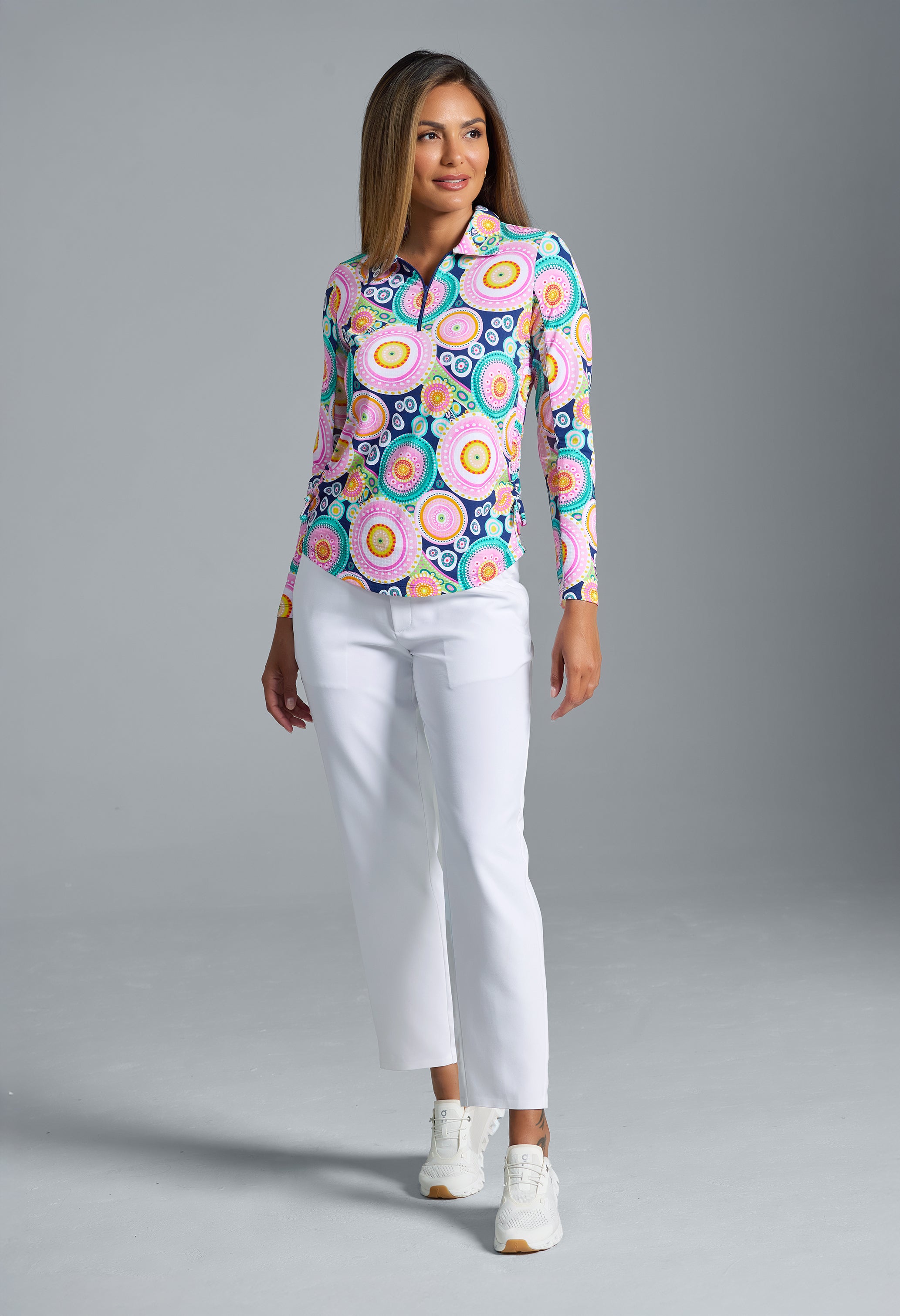 IBKÜL - Leona Print Adjustable Length Long Sleeve Polo – 48933 - Color: Navy Multi
