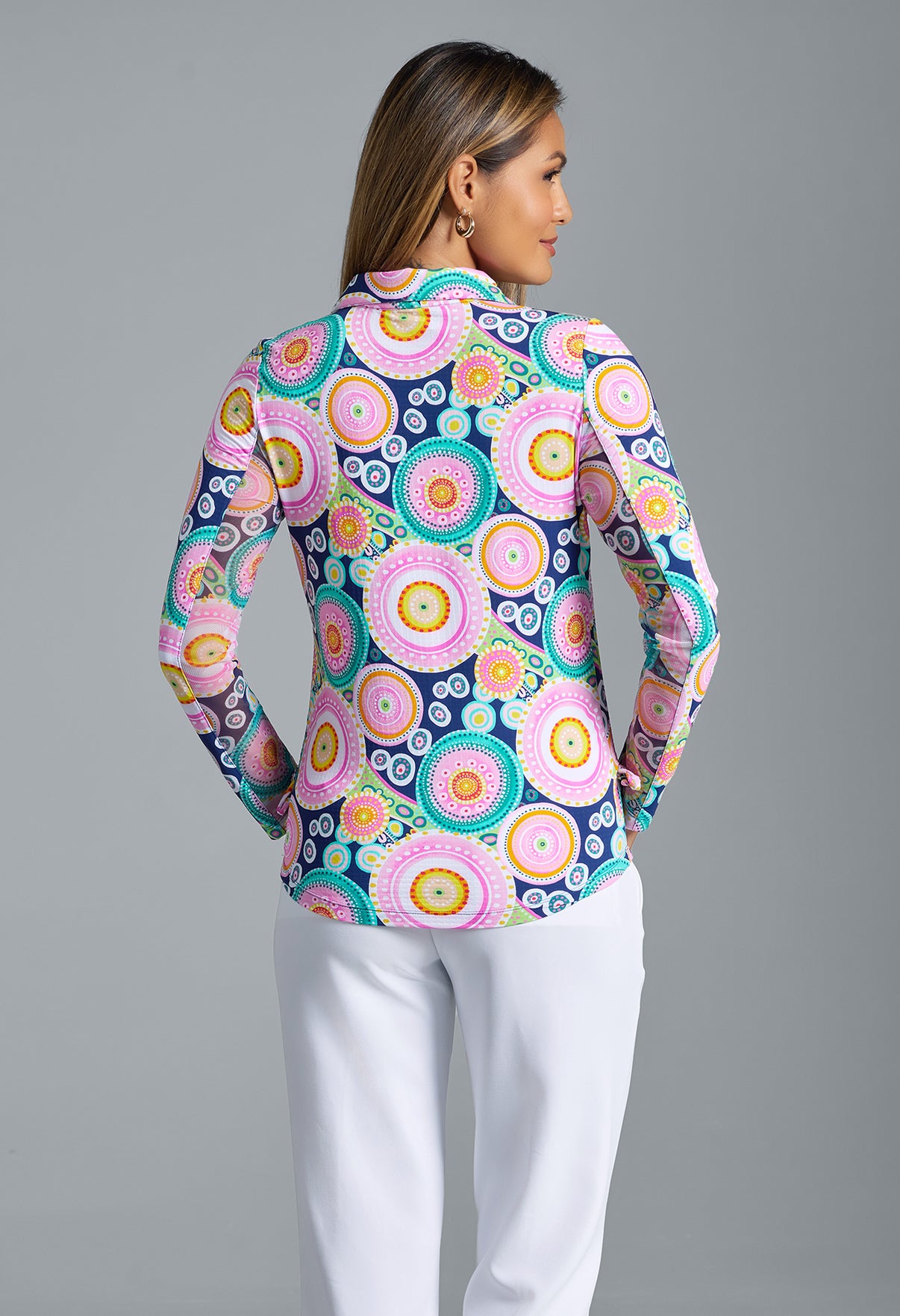 IBKÜL - Leona Print Adjustable Length Long Sleeve Polo – 48933 - Color: Navy Multi