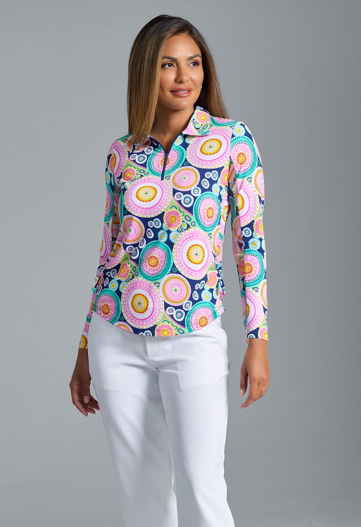 IBKÜL - Leona Print Adjustable Length Long Sleeve Polo – 48933 - Color: Navy Multi