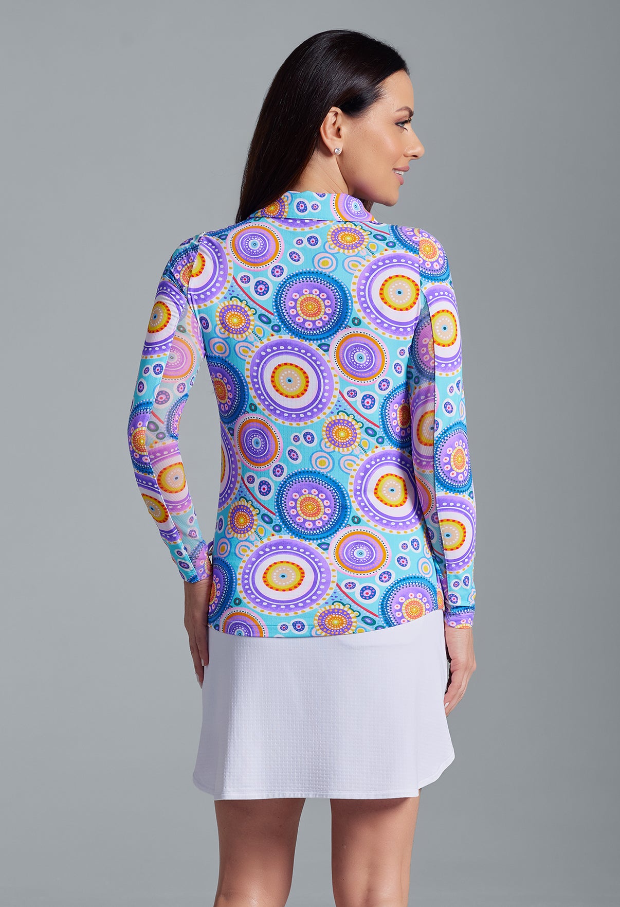 IBKÜL - Leona Print Adjustable Length Long Sleeve Polo – 48933 - Color: Seafoam Multi