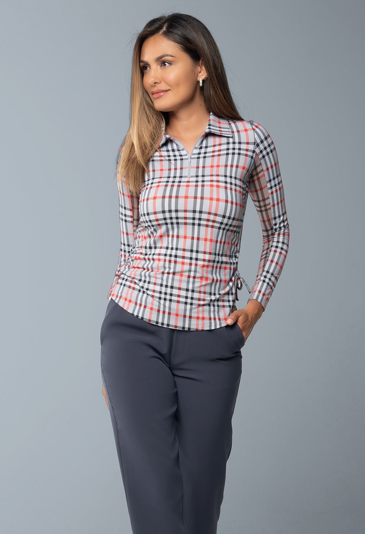 IBKÜL - Judith Print Adjustable Length Long Sleeve Polo – 48934 - Color: Grey/Red