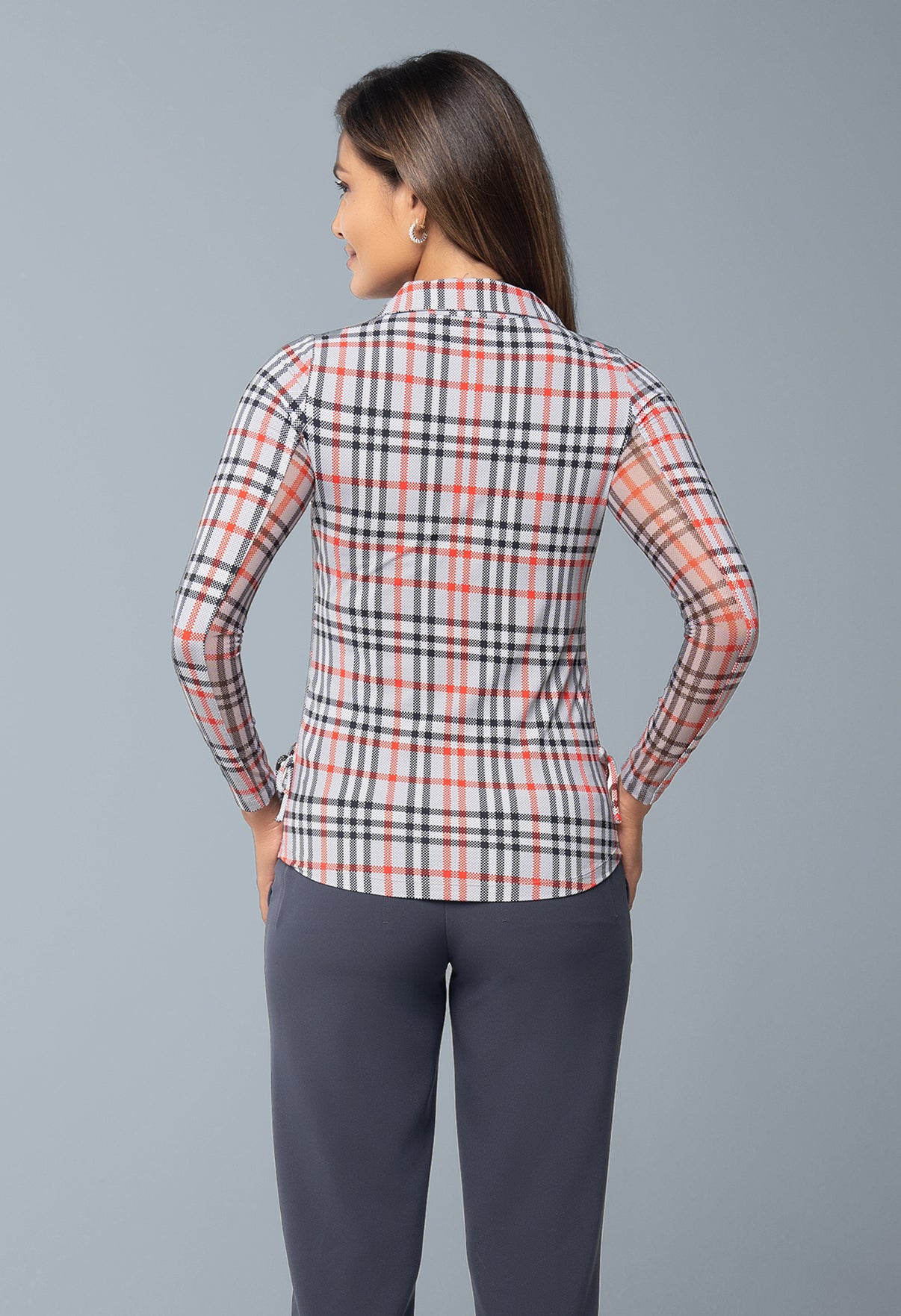 IBKÜL - Judith Print Adjustable Length Long Sleeve Polo – 48934 - Color: Grey/Red