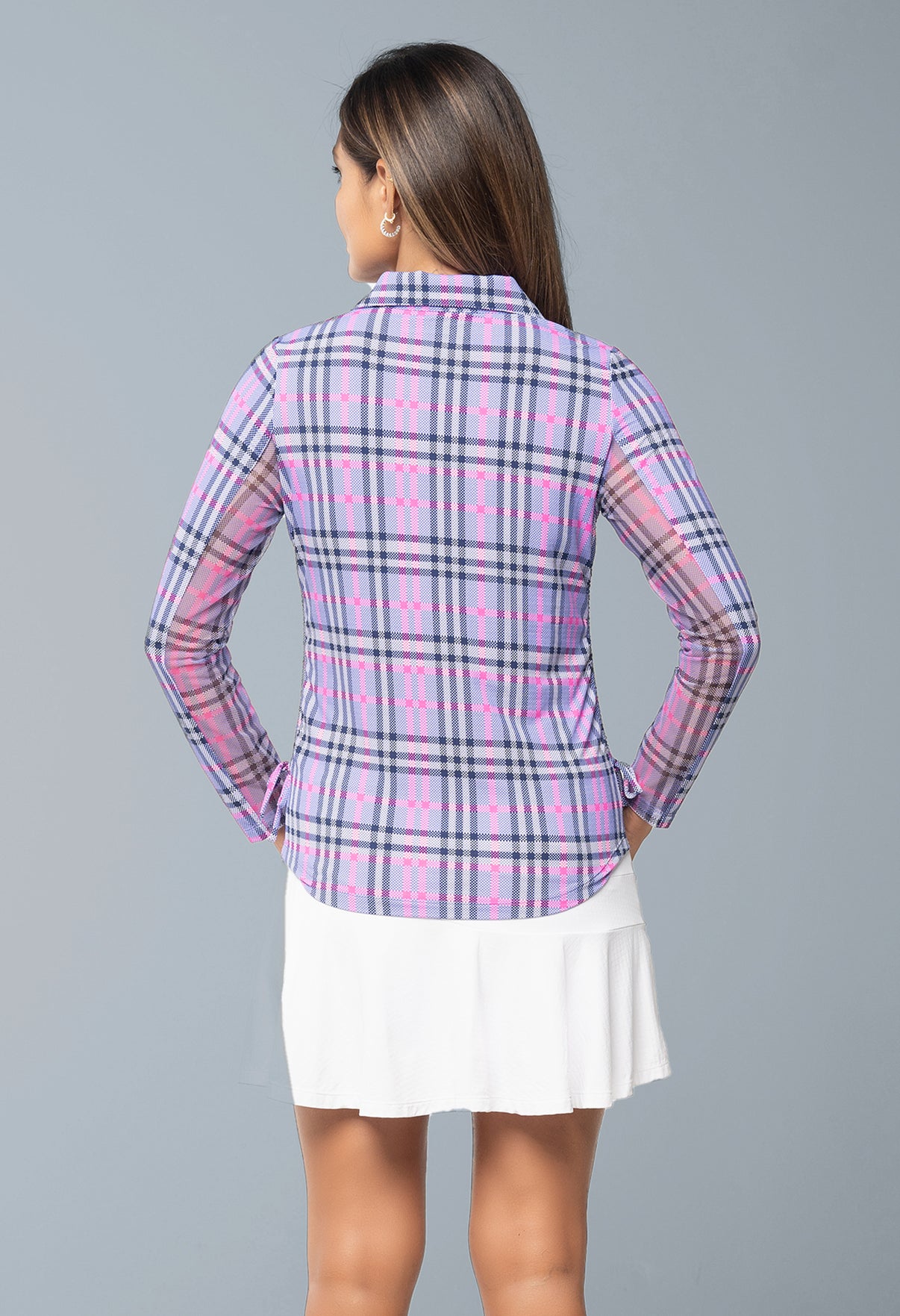 IBKÜL - Judith Print Adjustable Length Long Sleeve Polo – 48934 - Color: Lavender/Hot Pink