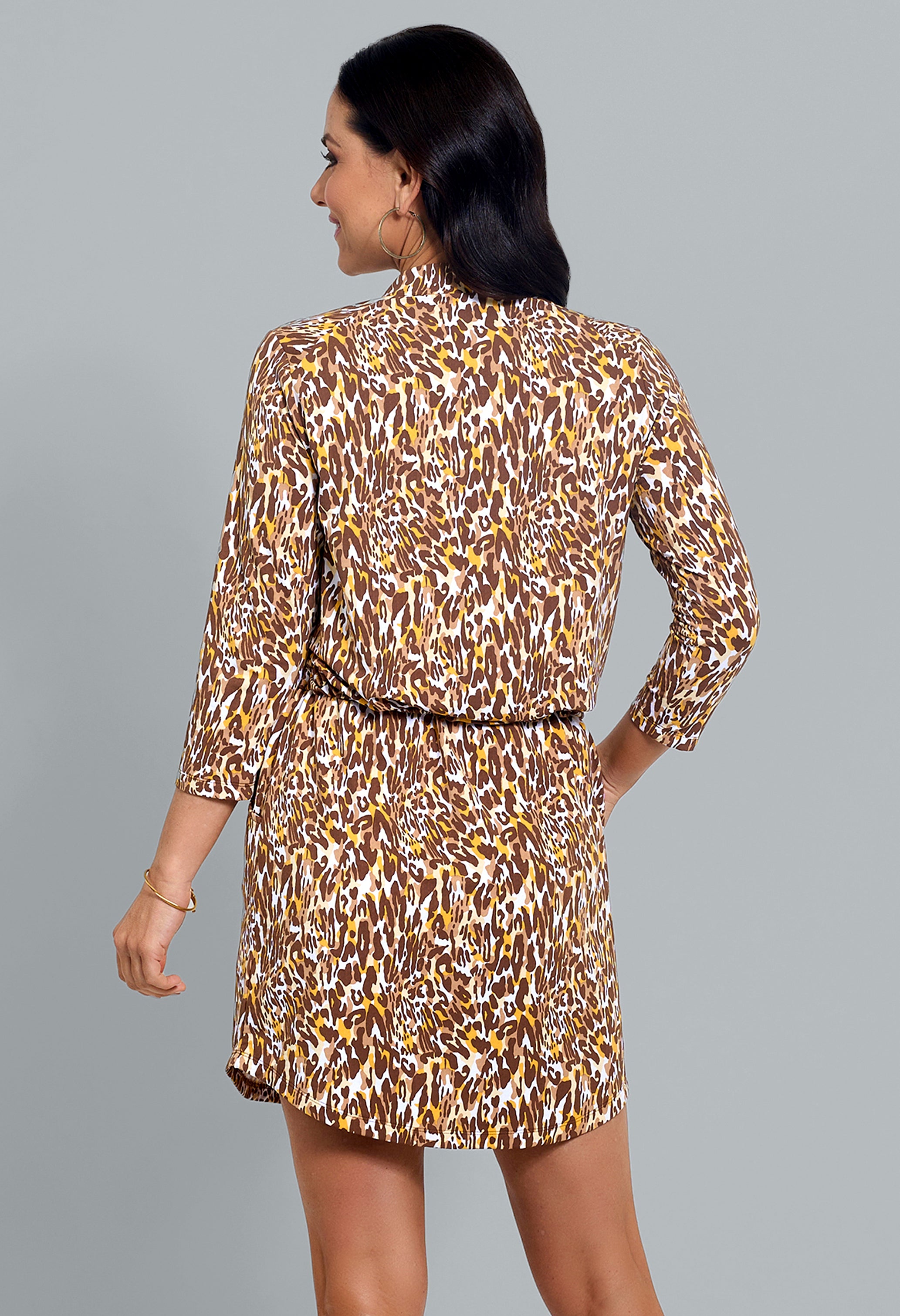 IBKÜL - Karen Print ¾ Sleeve Drawstring Dress - Color: Brown/Tan