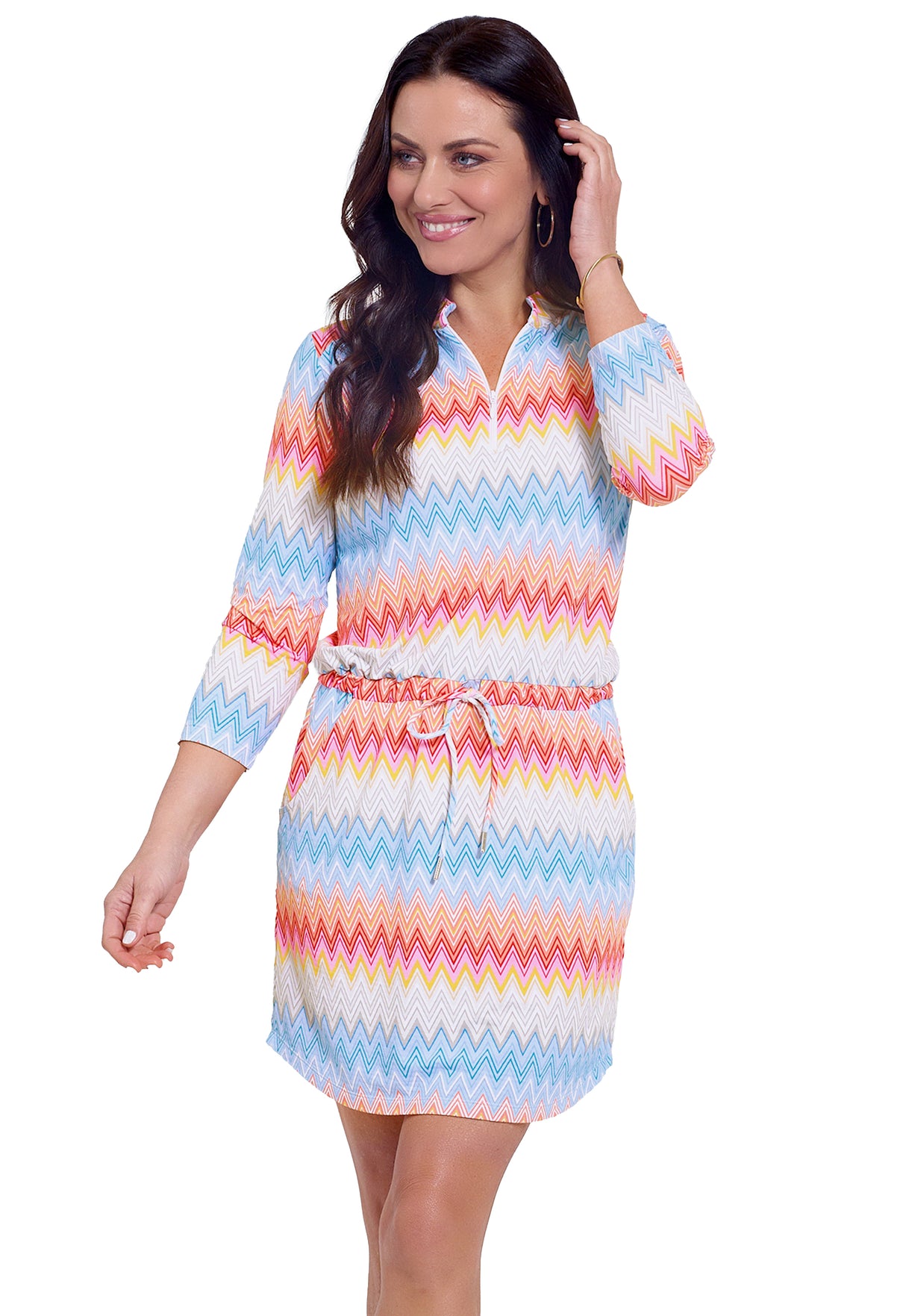 IBKÜL - Susan Print ¾ Sleeve Drawstring Dress - Color: Candy Pink Multi