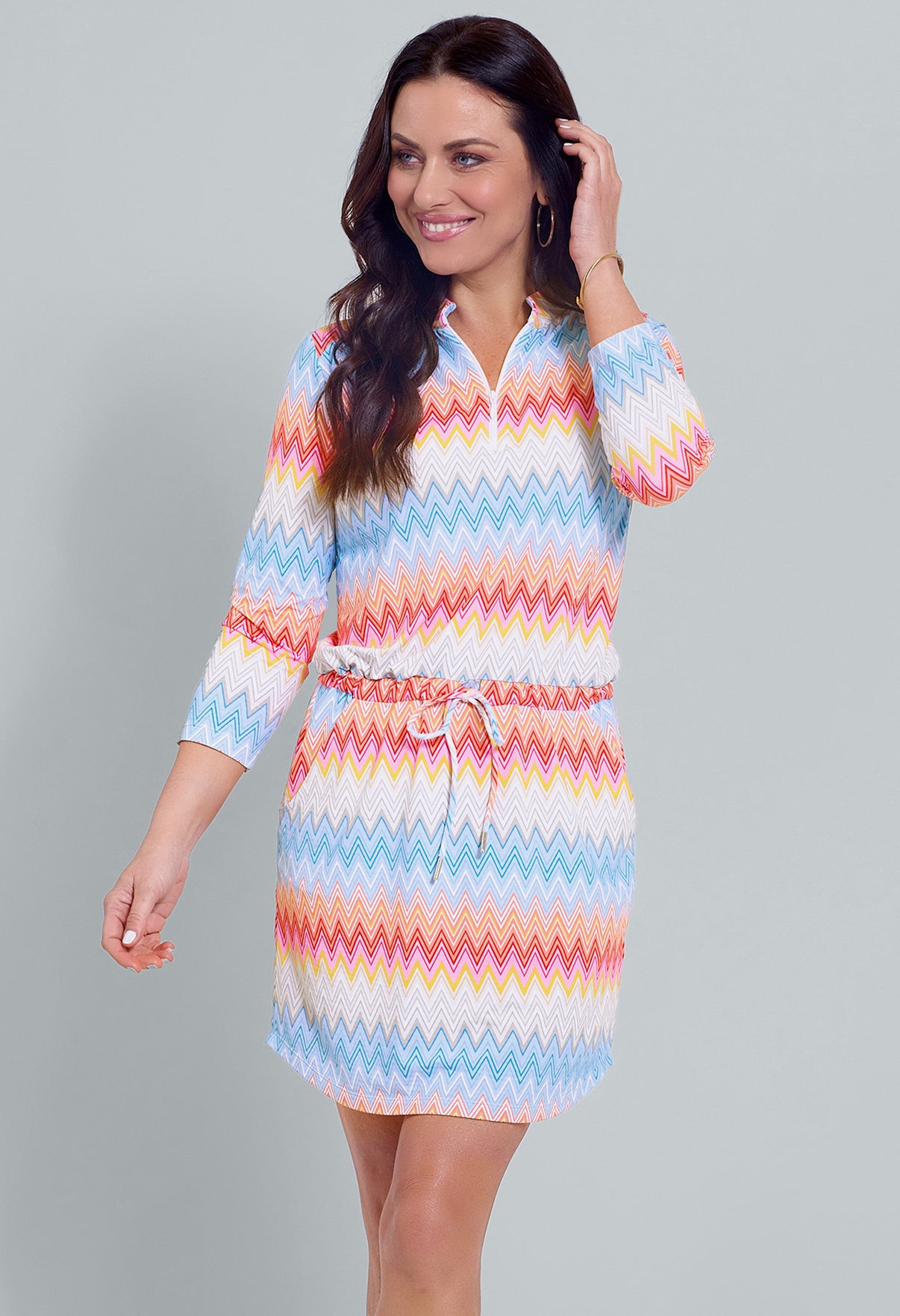 IBKÜL - Susan Print ¾ Sleeve Drawstring Dress - Color: Candy Pink Multi