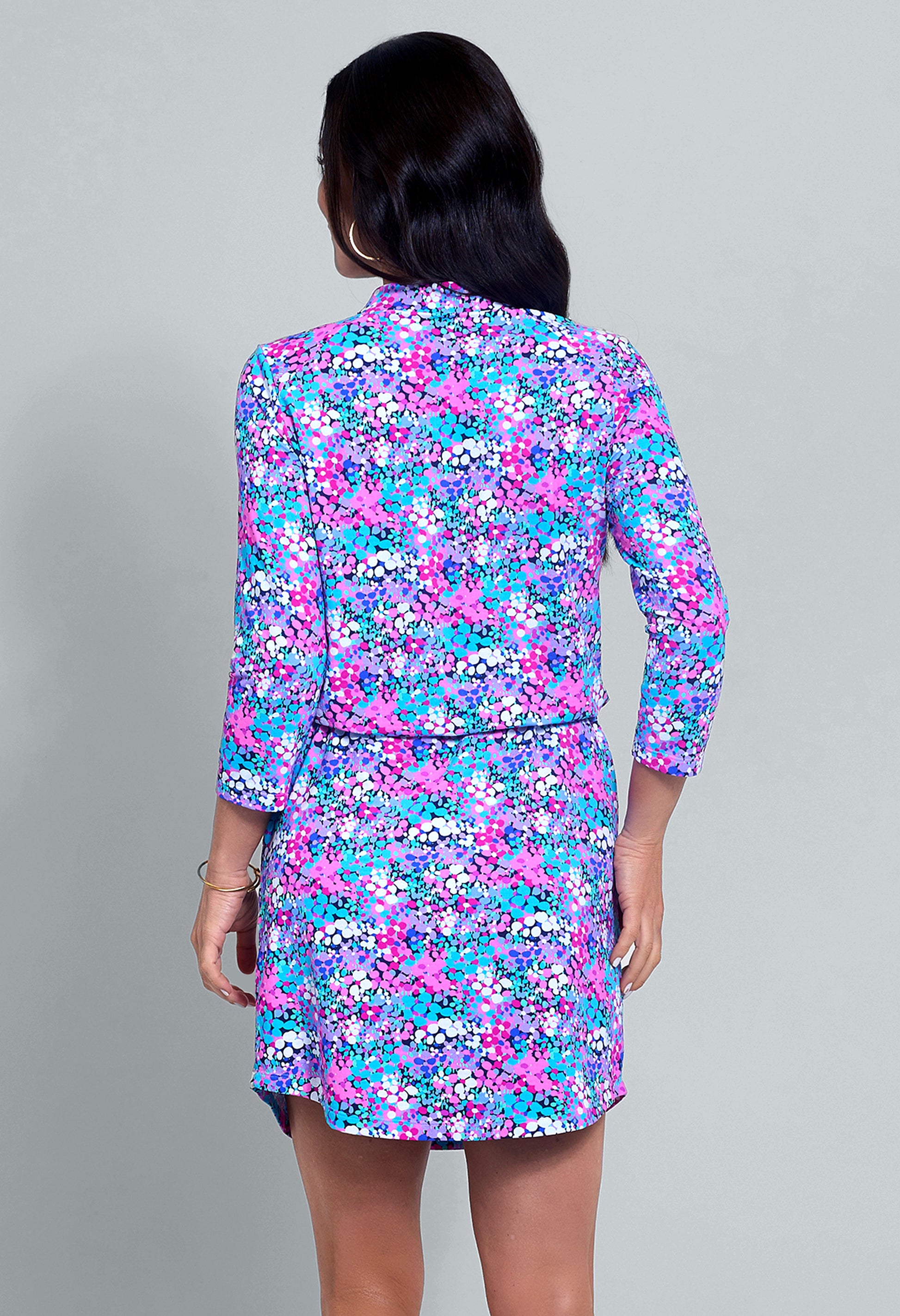 IBKÜL - Allana Print ¾ Sleeve Drawstring Dress - Color: Candy Pink Multi