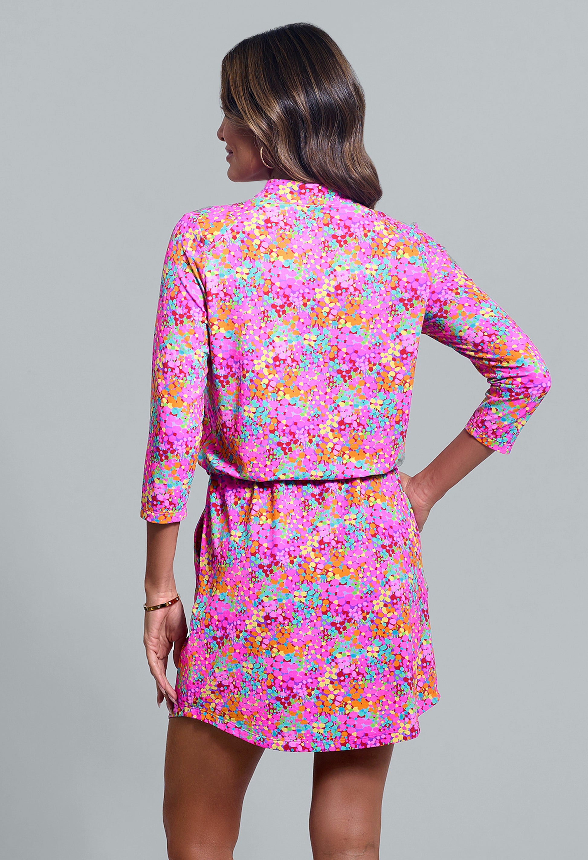 IBKÜL - Allana Print ¾ Sleeve Drawstring Dress - Color: Hot Pink Multi