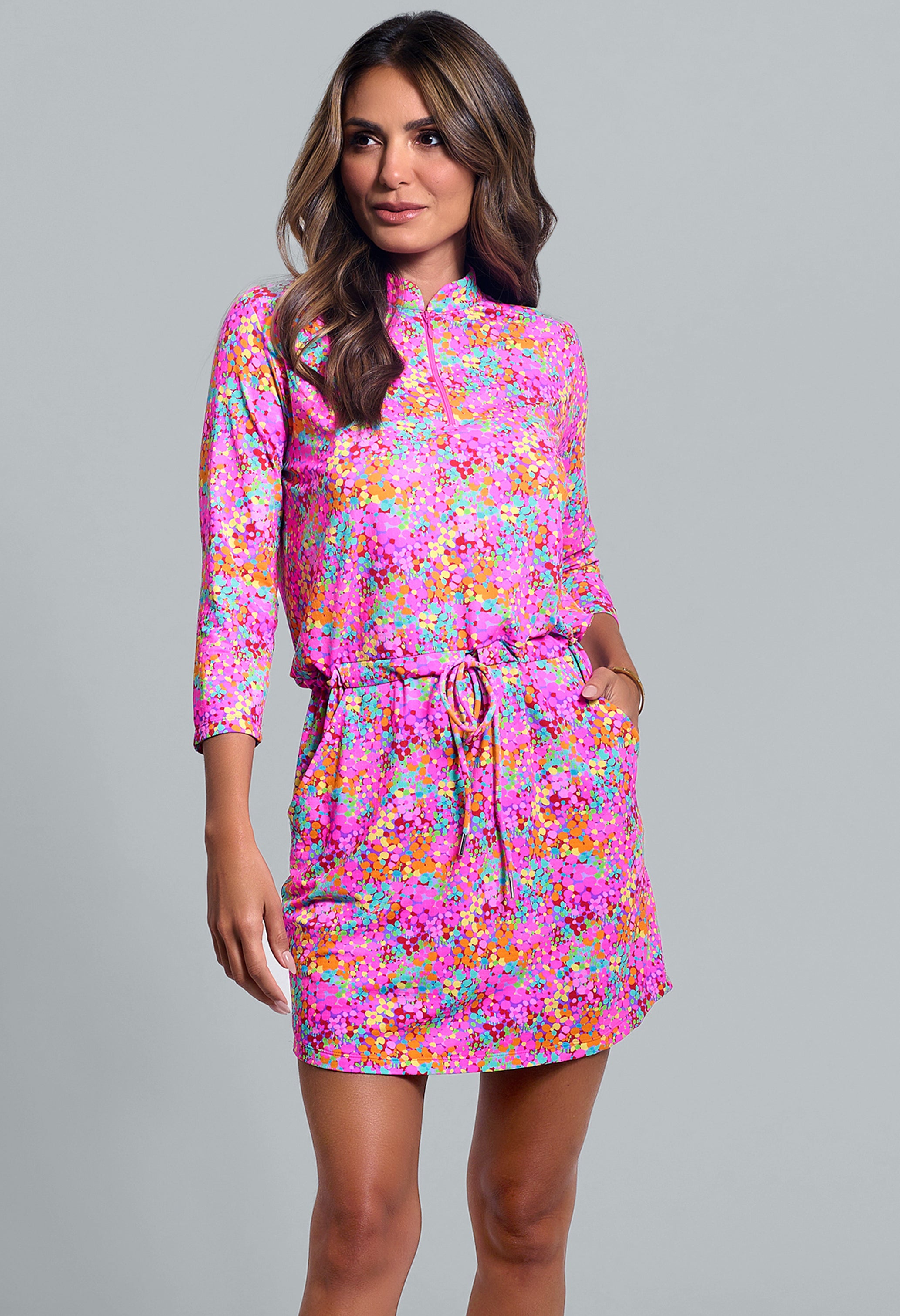 IBKÜL - Allana Print ¾ Sleeve Drawstring Dress - Color: Hot Pink Multi