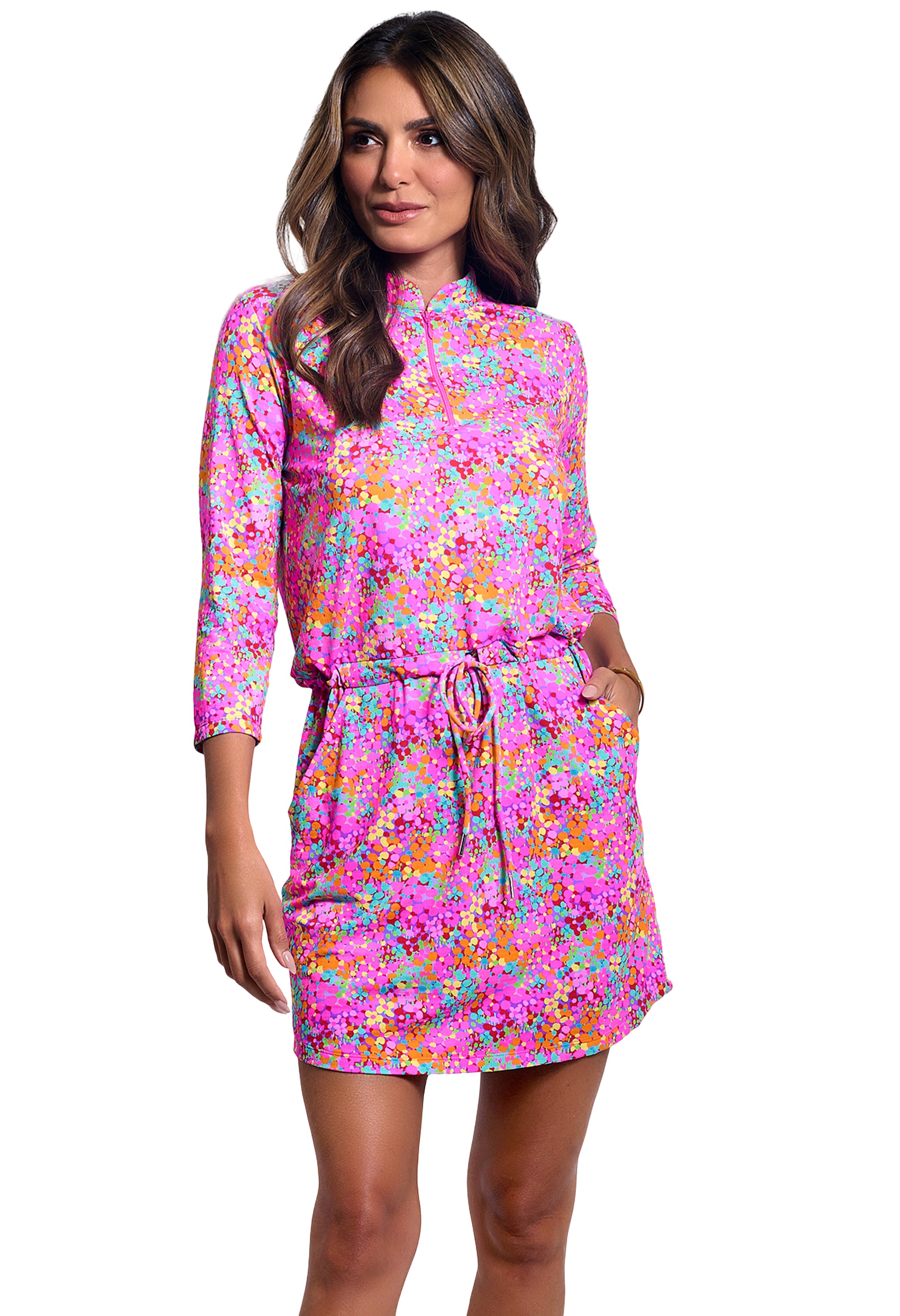 IBKÜL - Allana Print ¾ Sleeve Drawstring Dress - Color: Hot Pink Multi
