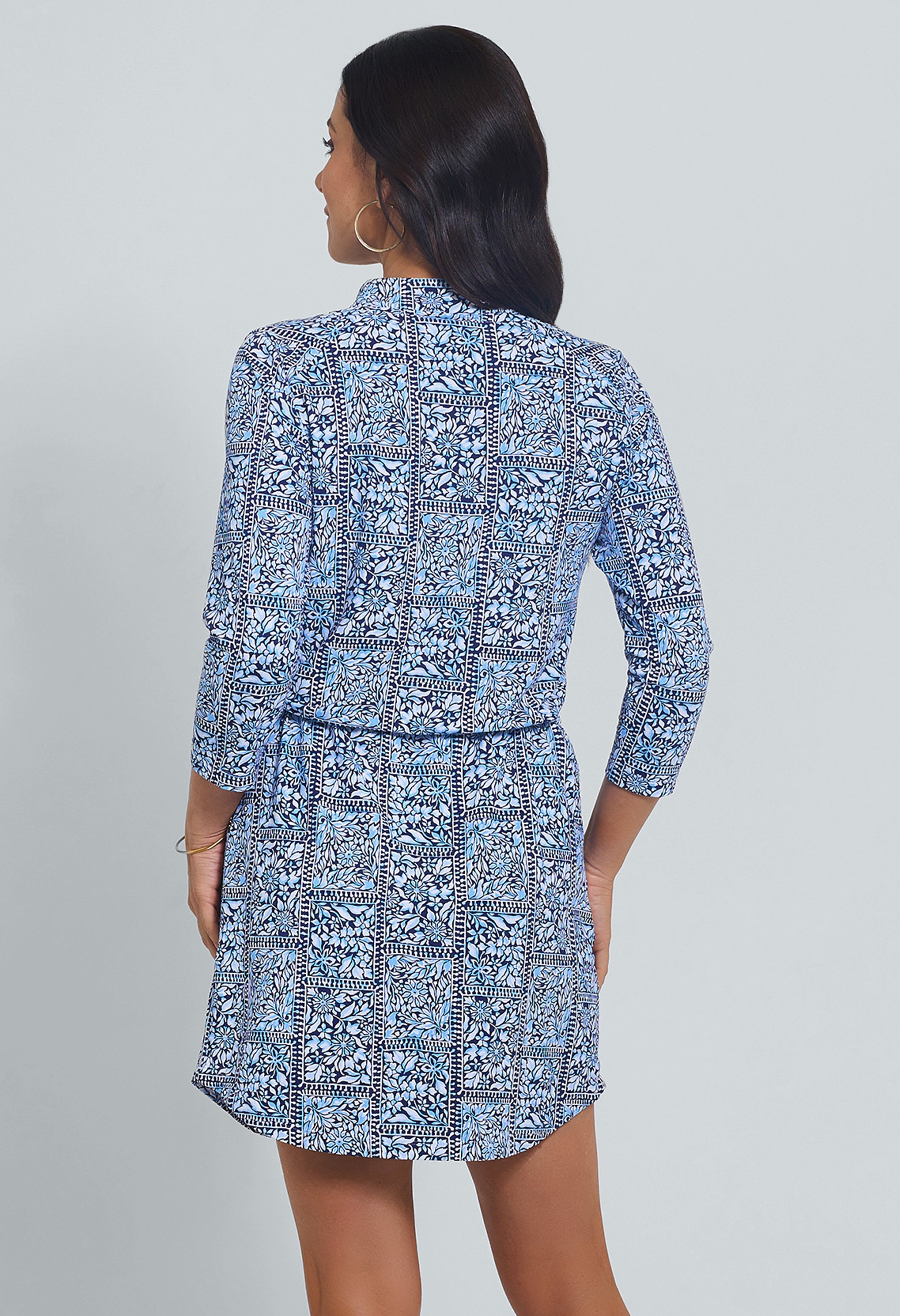 IBKÜL - Josie Print ¾ Sleeve Drawstring Dress - Color: Navy/Peri