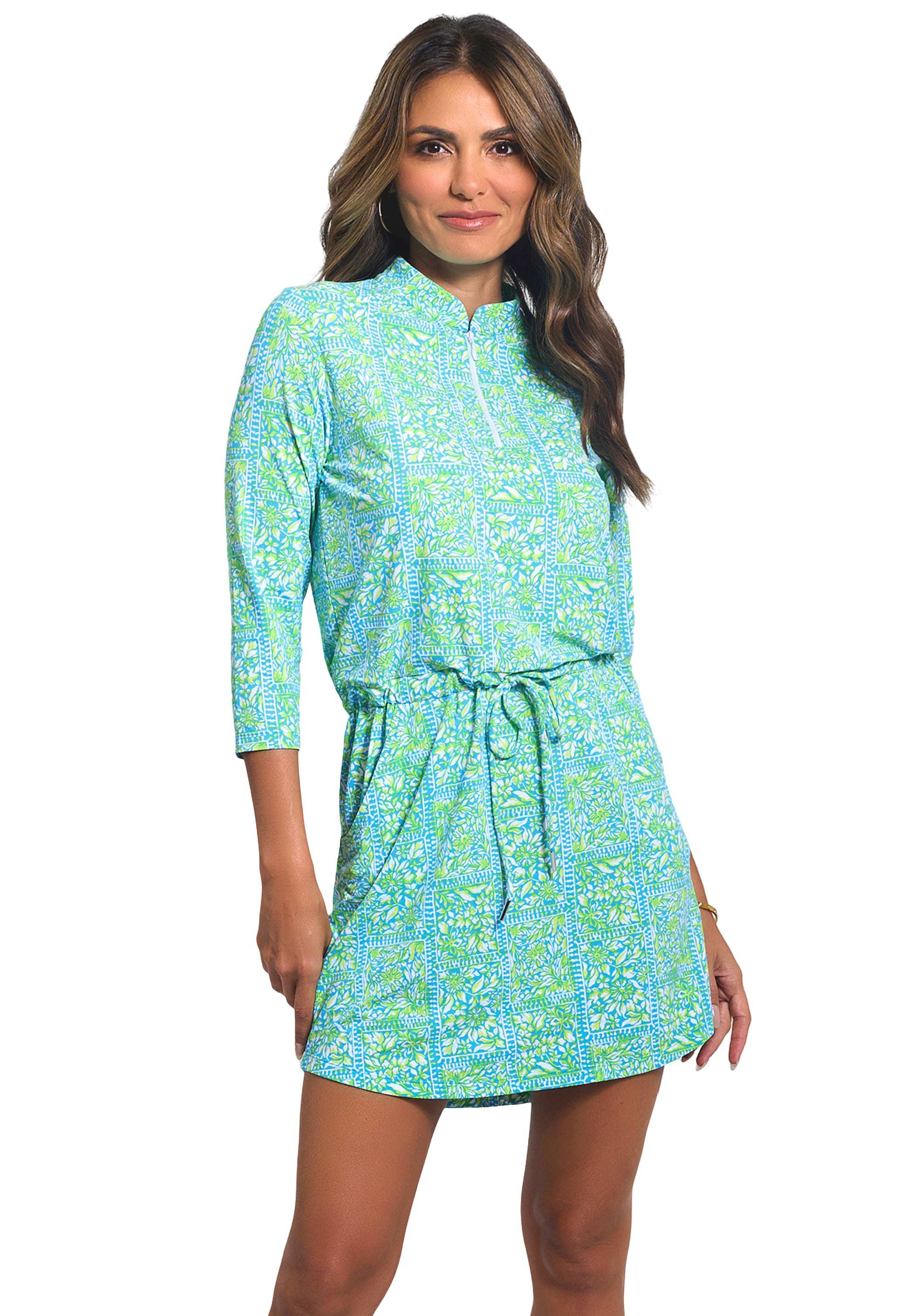 IBKÜL - Josie Print ¾ Sleeve Drawstring Dress - Color: Turquoise/Lime