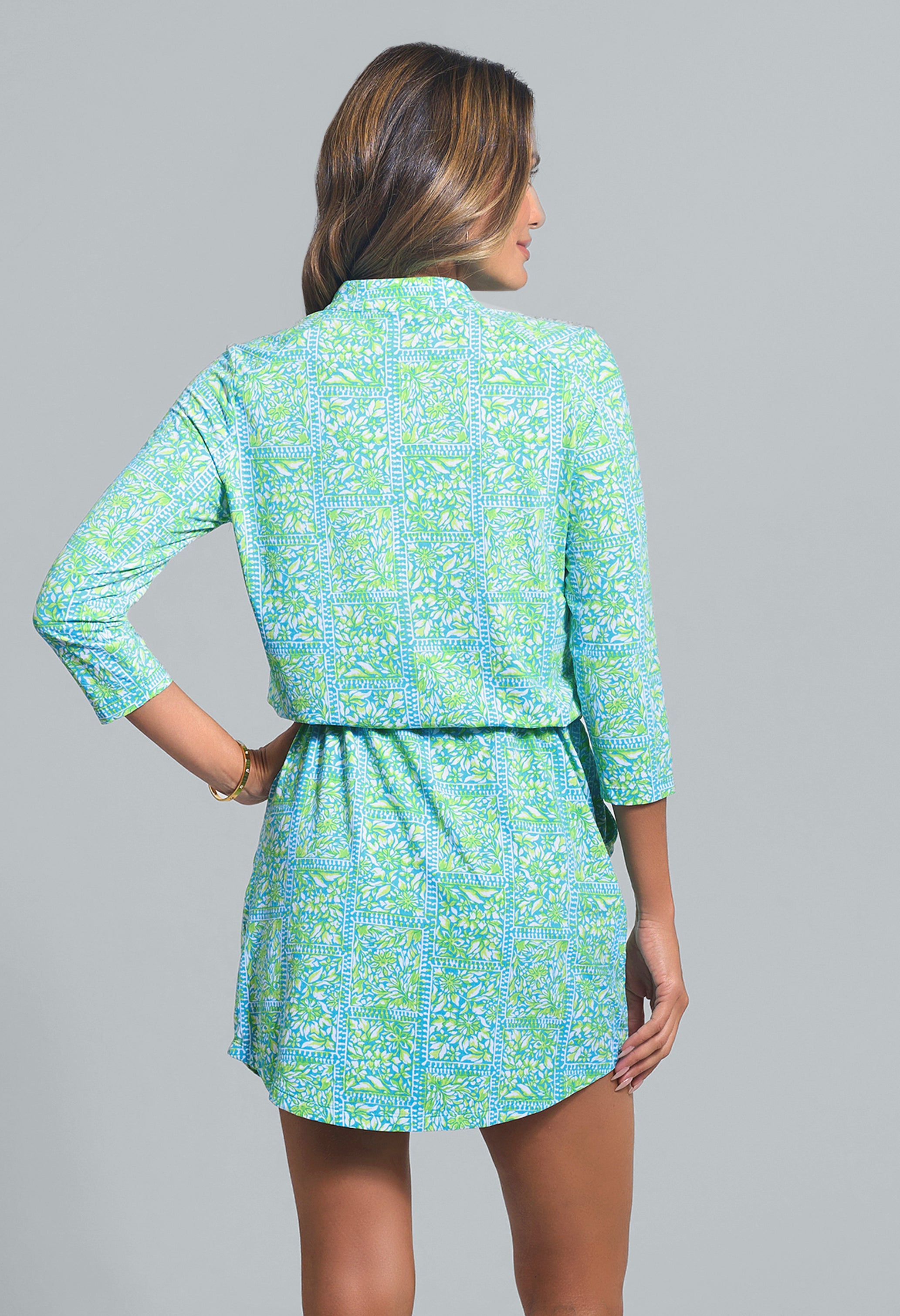 IBKÜL - Josie Print ¾ Sleeve Drawstring Dress - Color: Turquoise/Lime