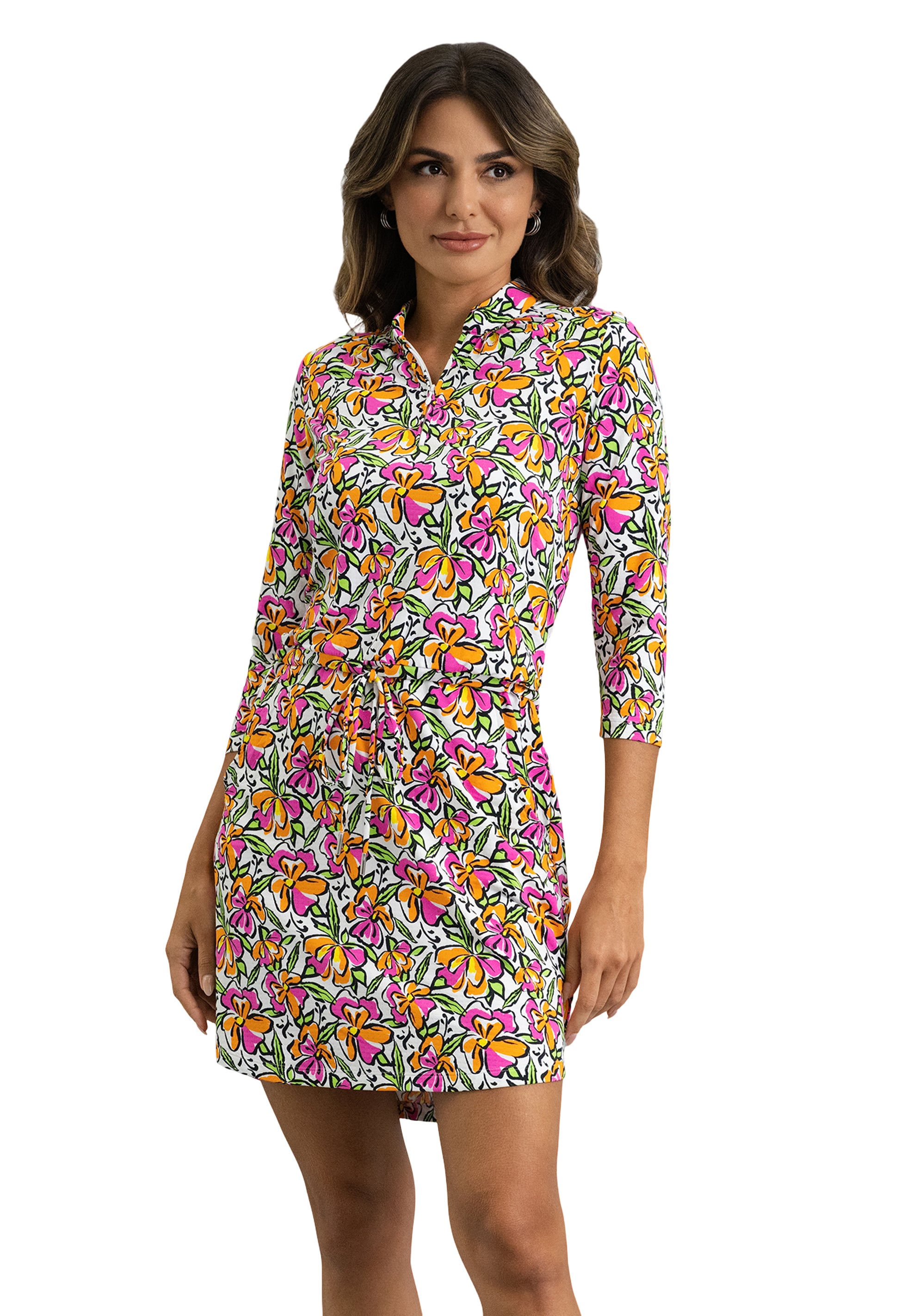 IBKÜL - Sonia 3/4 Sleeve Drawstring Dress - Color: Hot Pink/Orange Peel