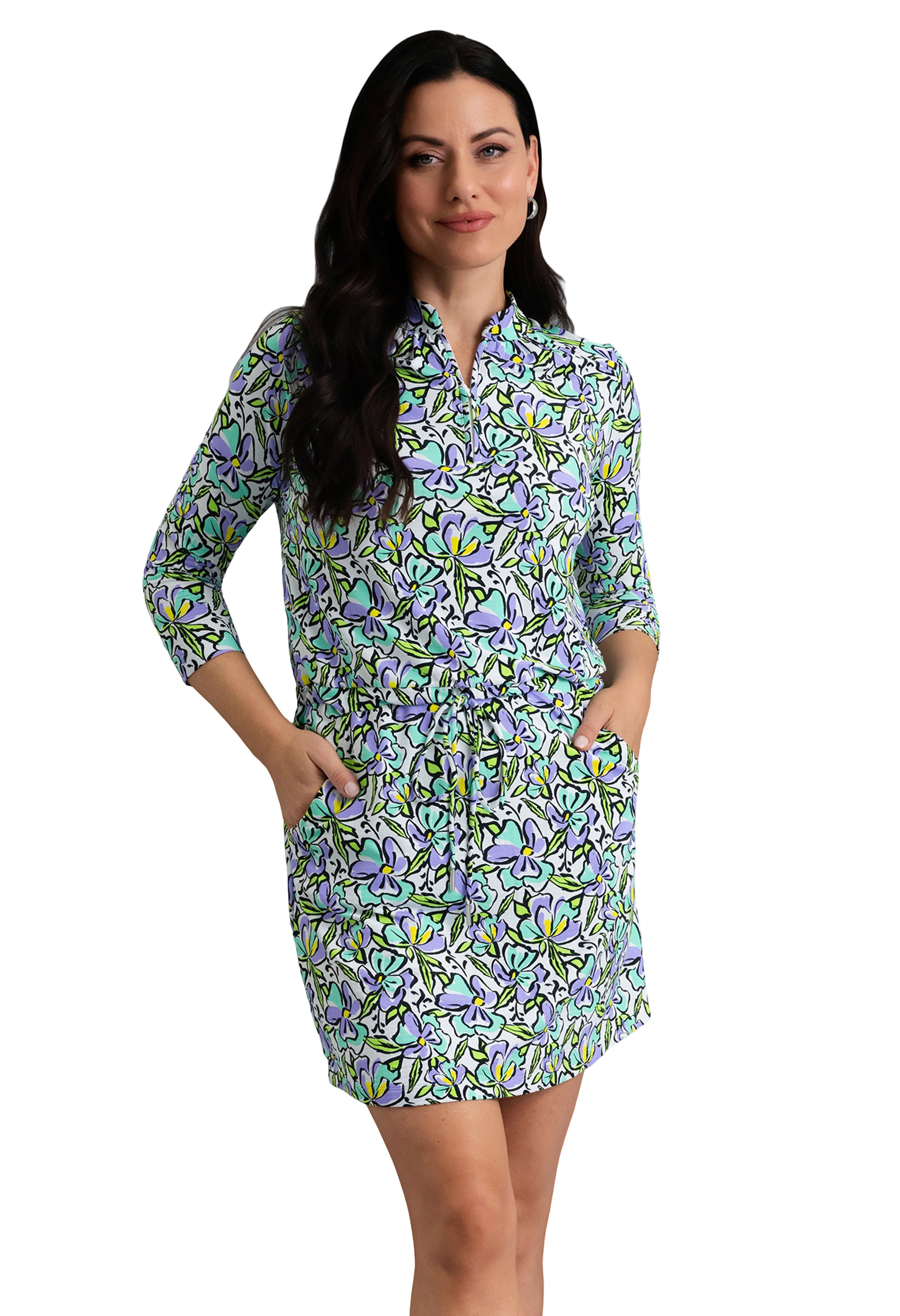 IBKÜL - Sonia 3/4 Sleeve Drawstring Dress - Color: Jade/Lavender