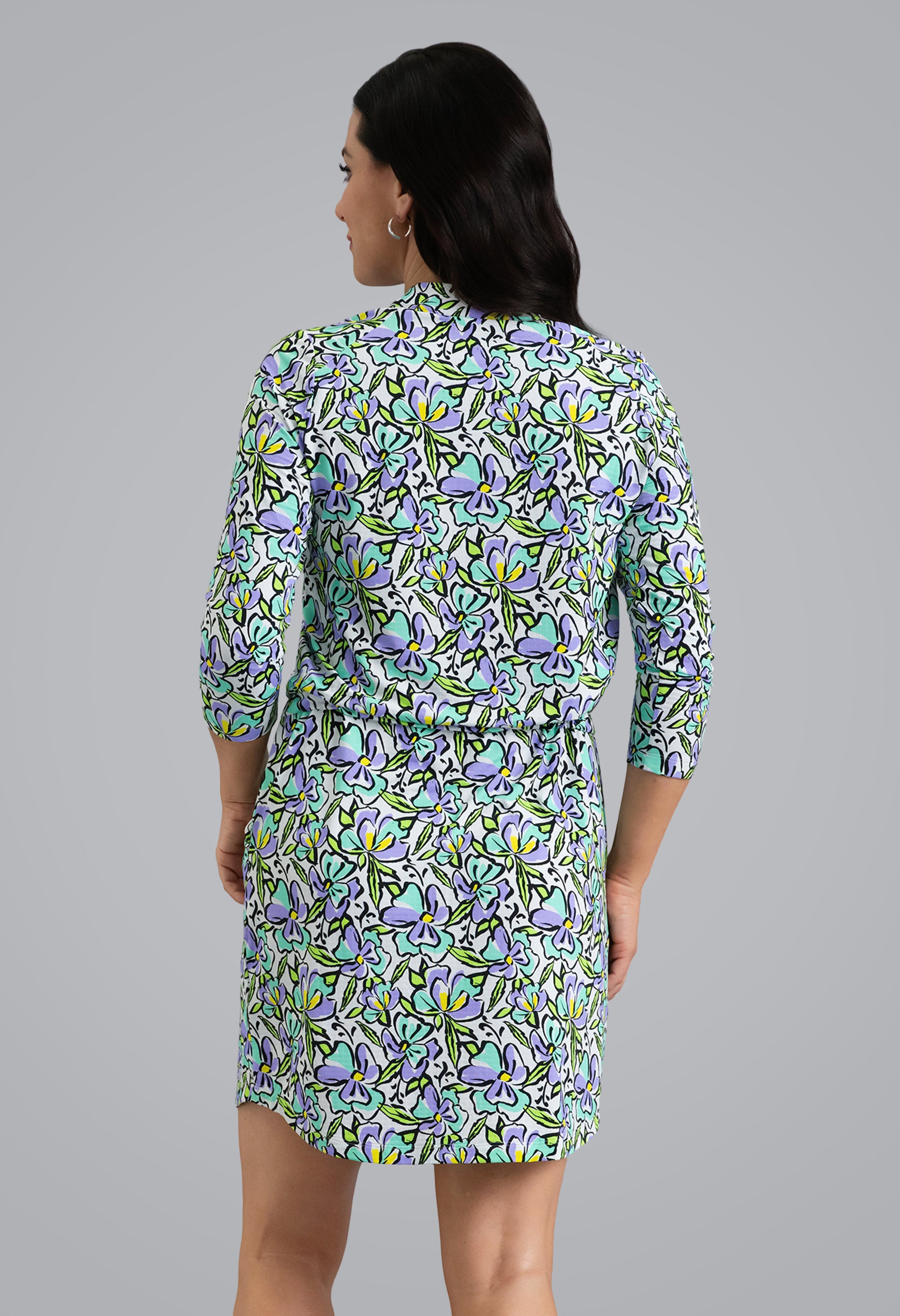 IBKÜL - Sonia 3/4 Sleeve Drawstring Dress - Color: Jade/Lavender