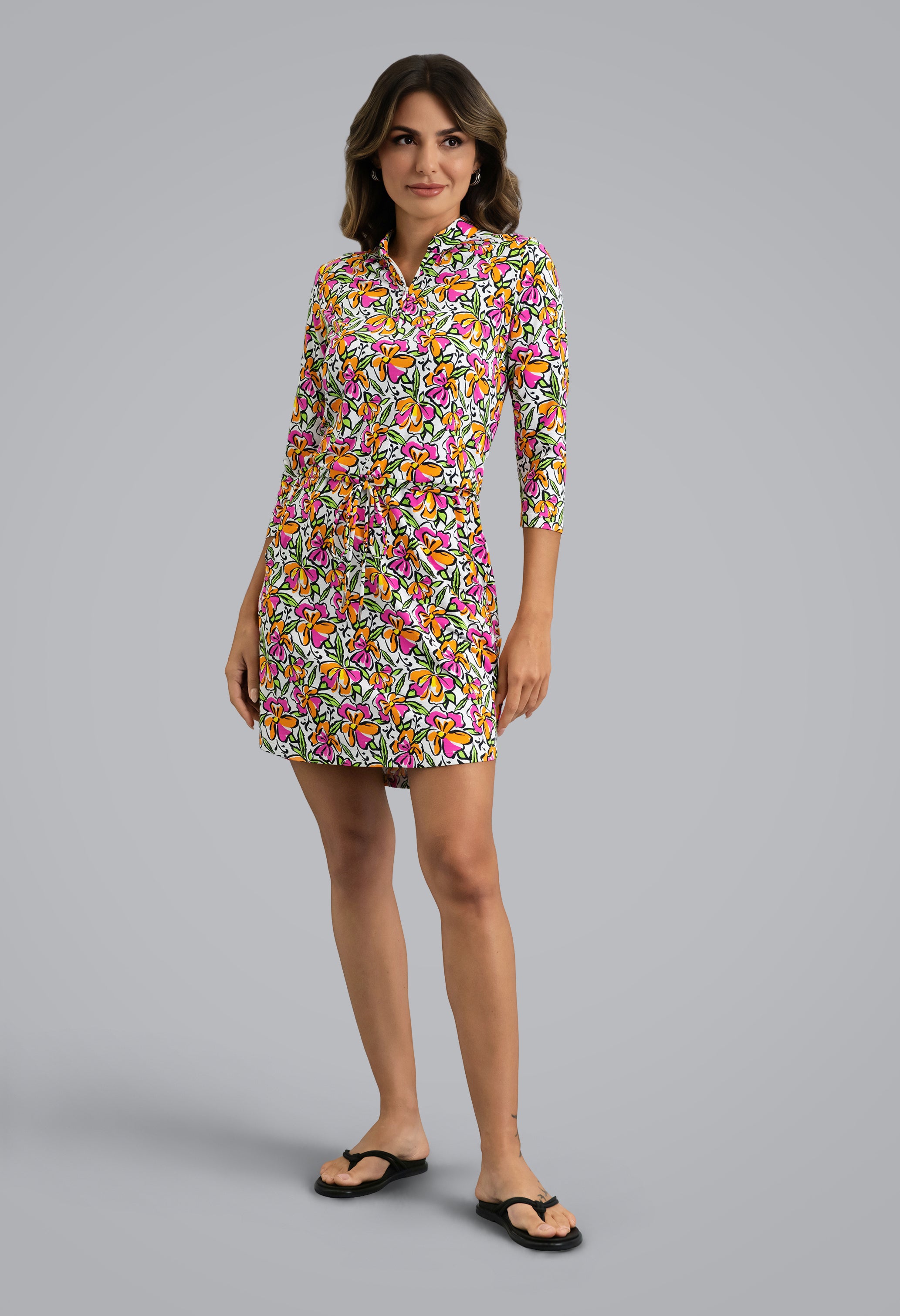 Sonia 3/4 Sleeve Drawstring Dress, Hot Pink/Orange Peel / Sonia / M