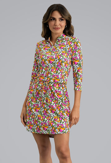 IBKÜL - Sonia 3/4 Sleeve Drawstring Dress - Color: Hot Pink/Orange Peel