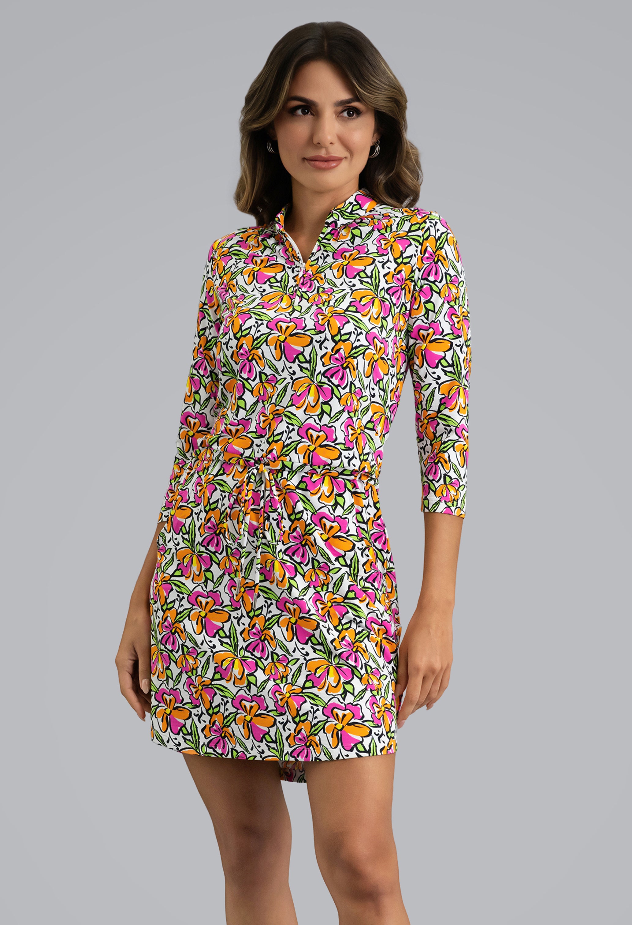 IBKÜL - Sonia 3/4 Sleeve Drawstring Dress - Color: Hot Pink/Orange Peel