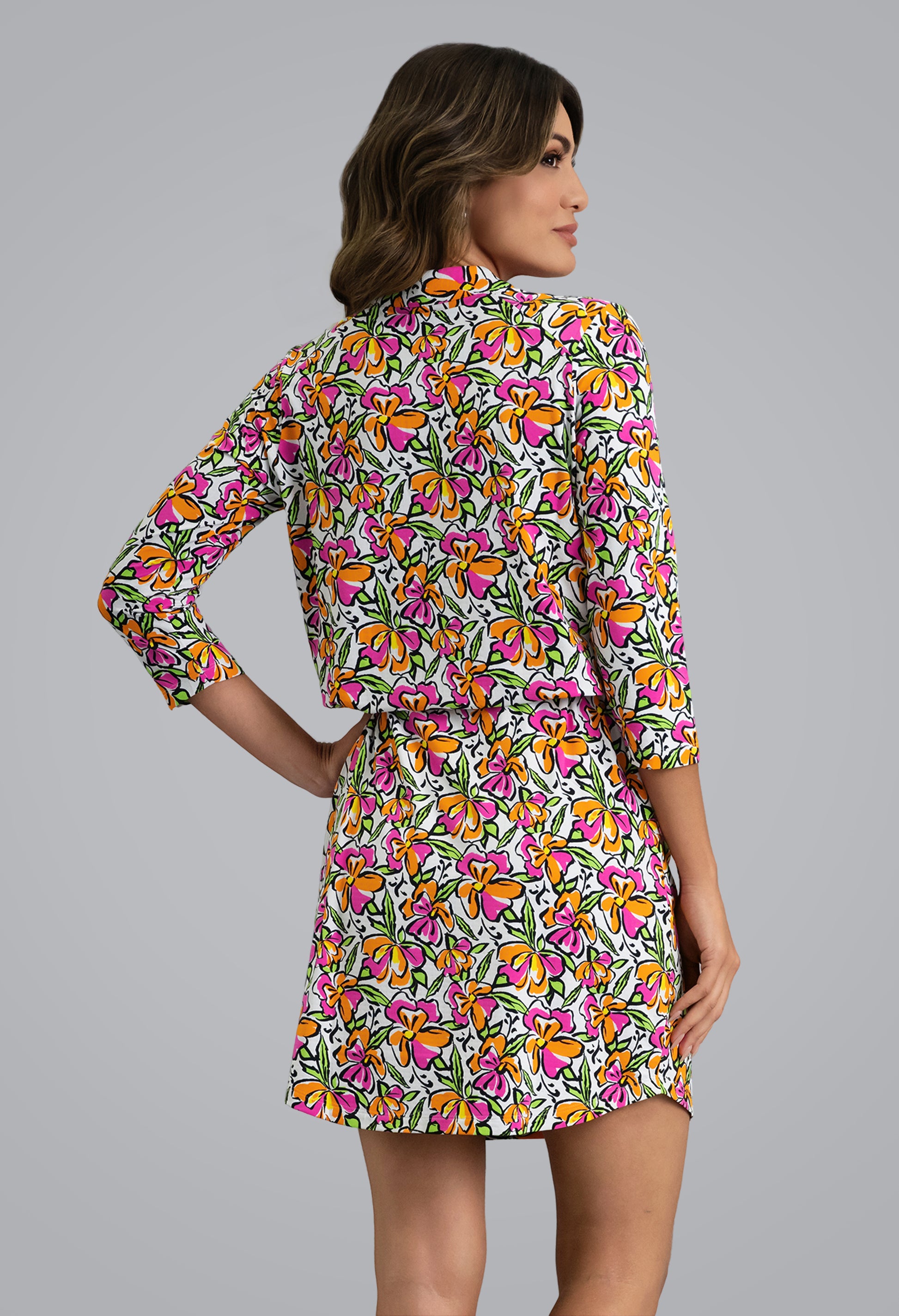 IBKÜL - Sonia 3/4 Sleeve Drawstring Dress - Color: Hot Pink/Orange Peel