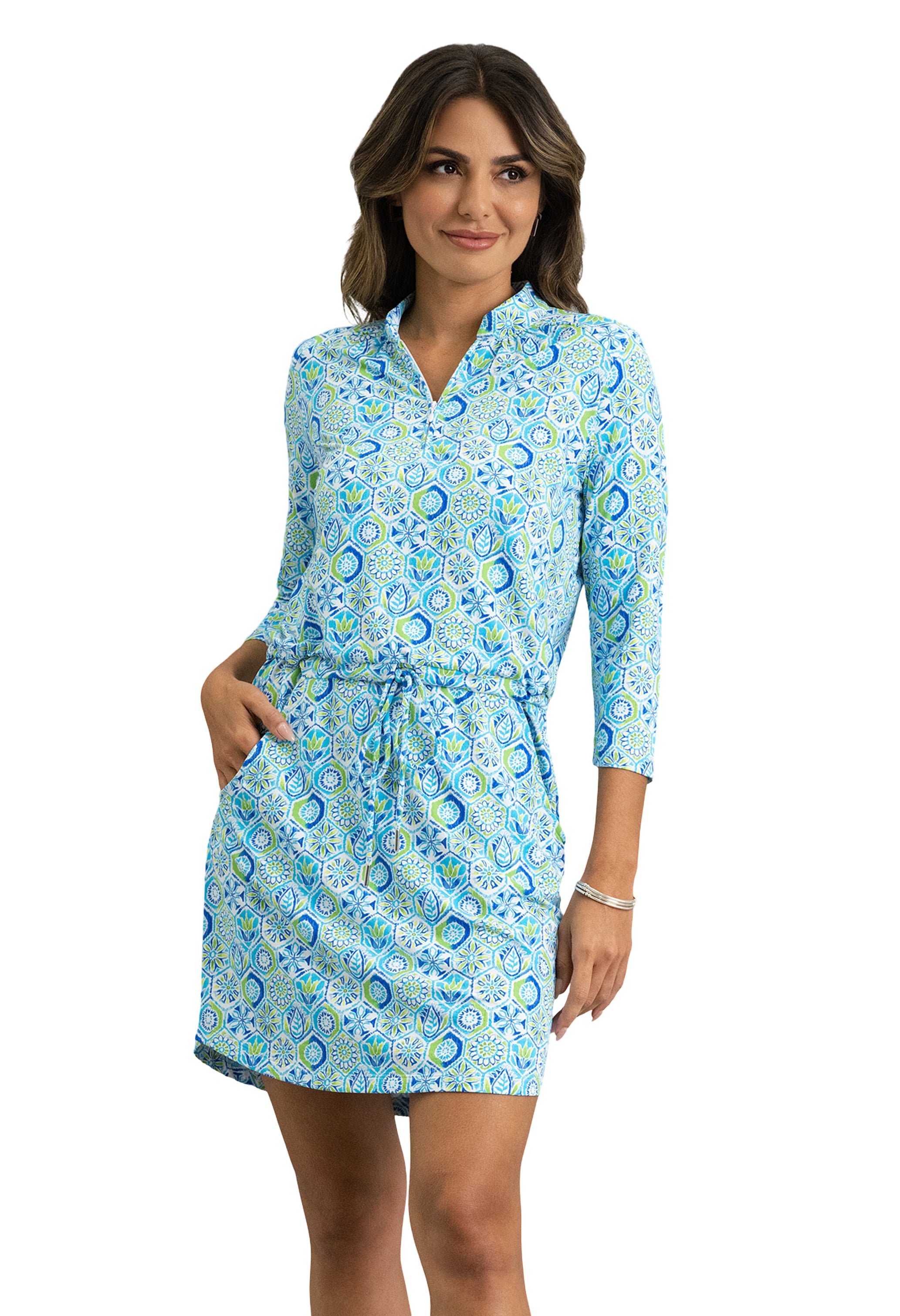 IBKÜL - Alexis 3/4 Sleeve Drawstring Dress - Color: Lime Multi