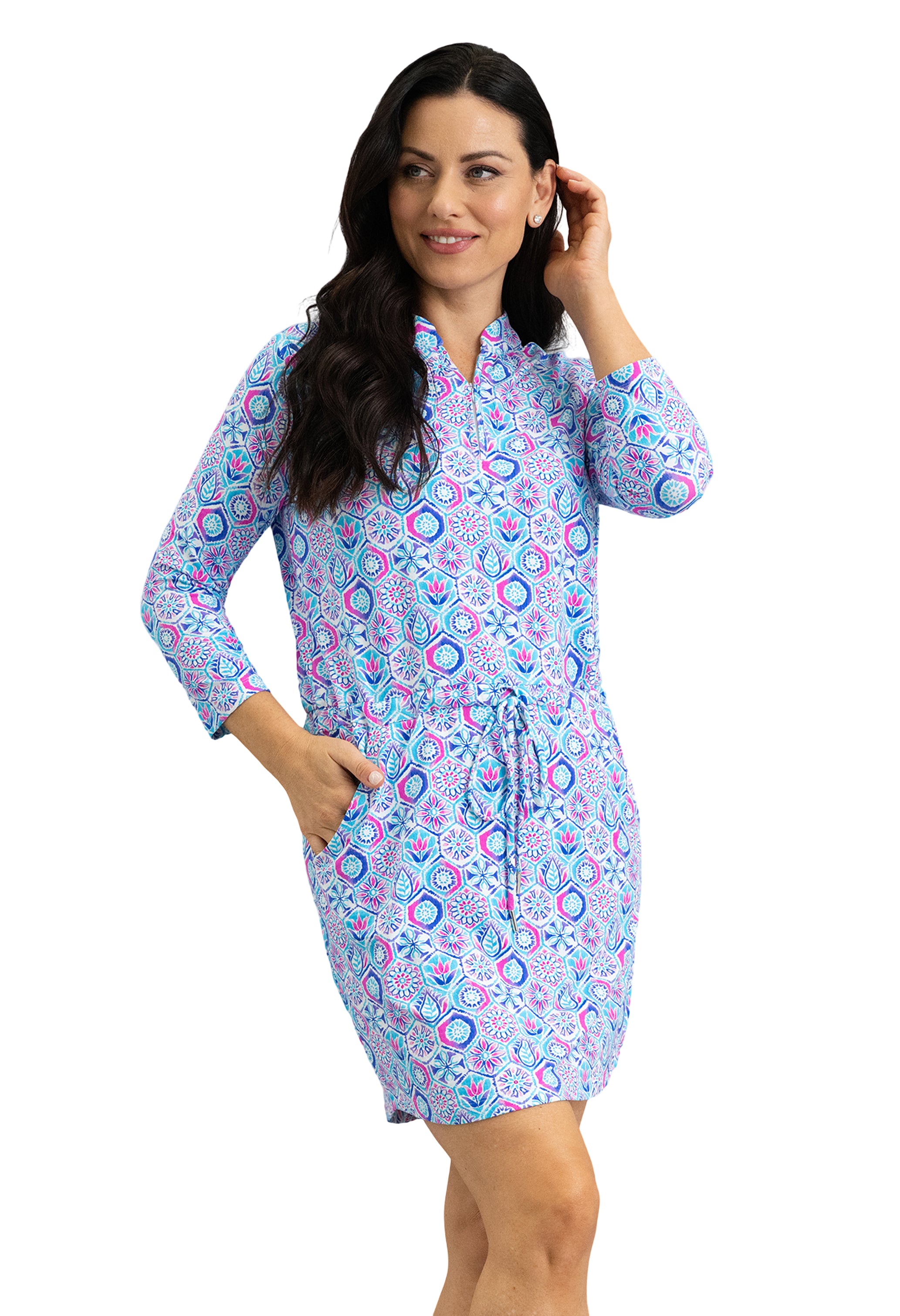 IBKÜL - Alexis 3/4 Sleeve Drawstring Dress - Color: Turquoise Multi