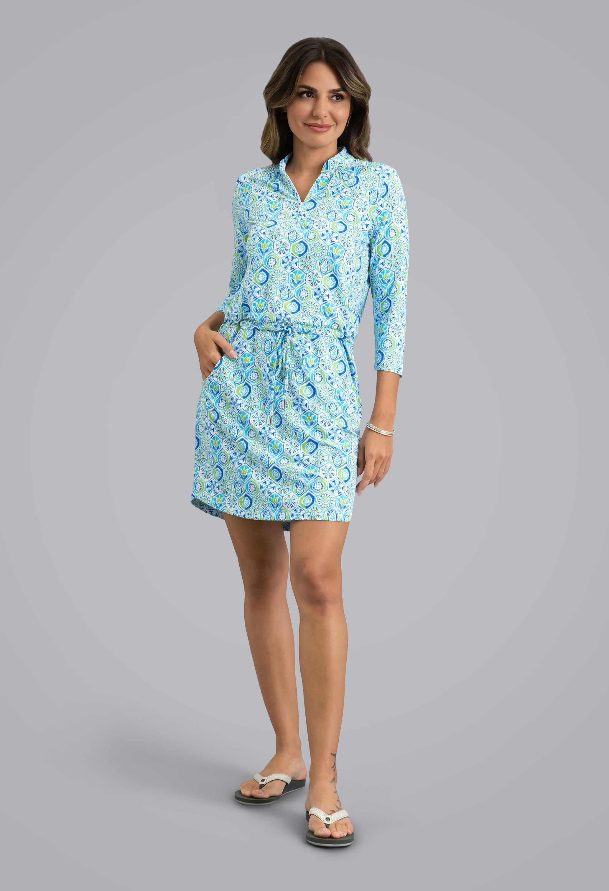 IBKÜL - Alexis 3/4 Sleeve Drawstring Dress - Color: Lime Multi