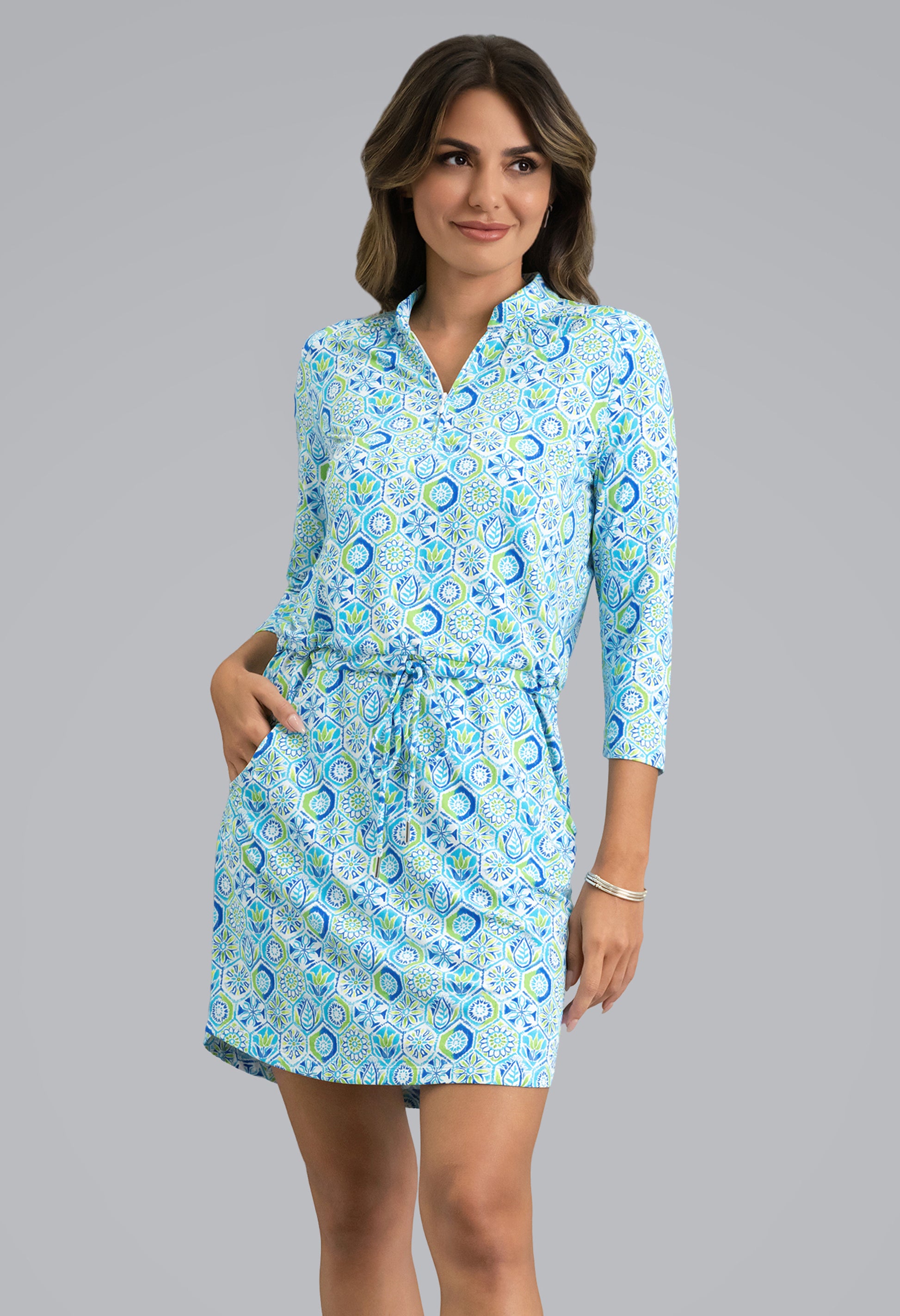 IBKÜL - Alexis 3/4 Sleeve Drawstring Dress - Color: Lime Multi