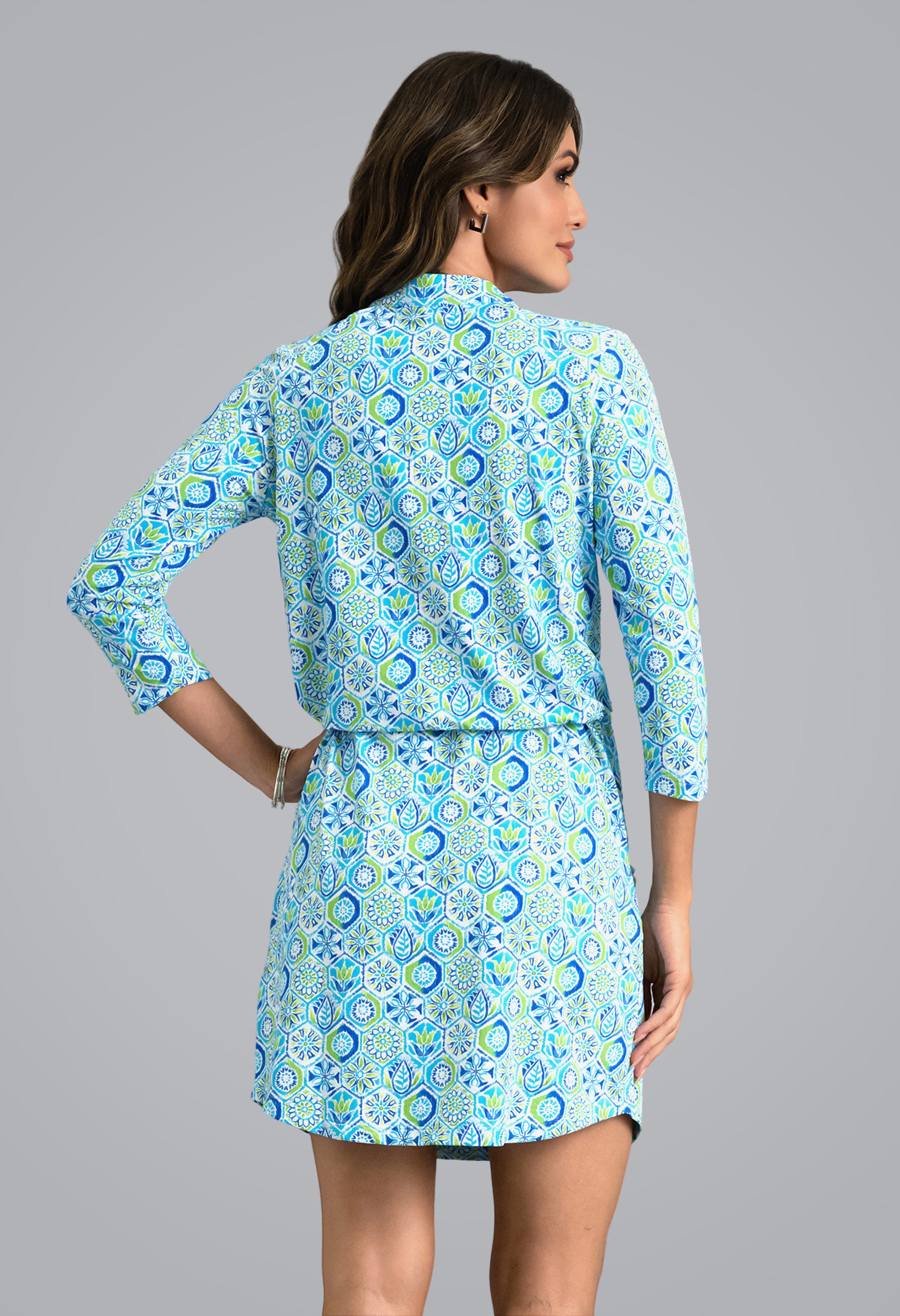 IBKÜL - Alexis 3/4 Sleeve Drawstring Dress - Color: Lime Multi