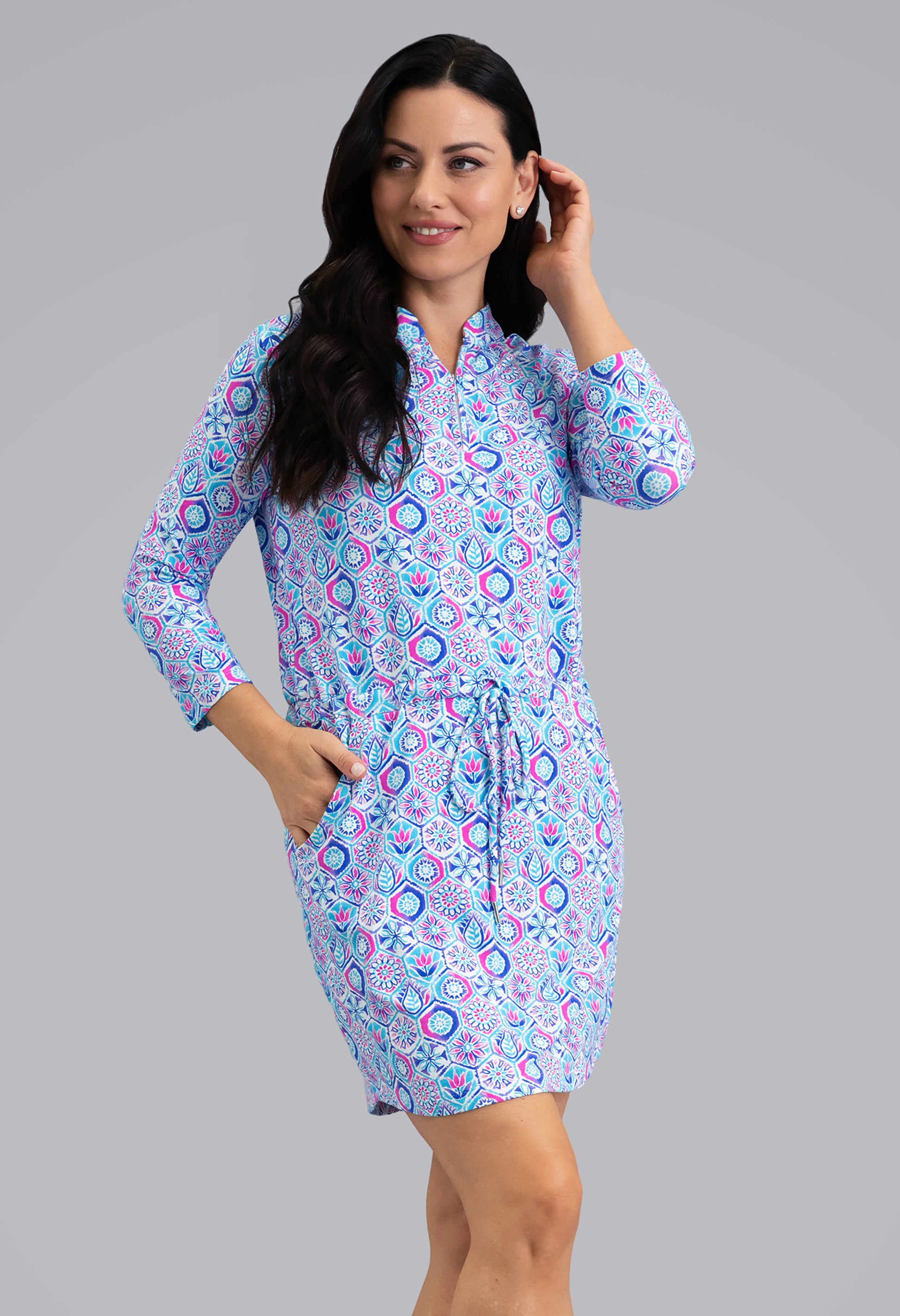 IBKÜL - Alexis 3/4 Sleeve Drawstring Dress - Color: Turquoise Multi