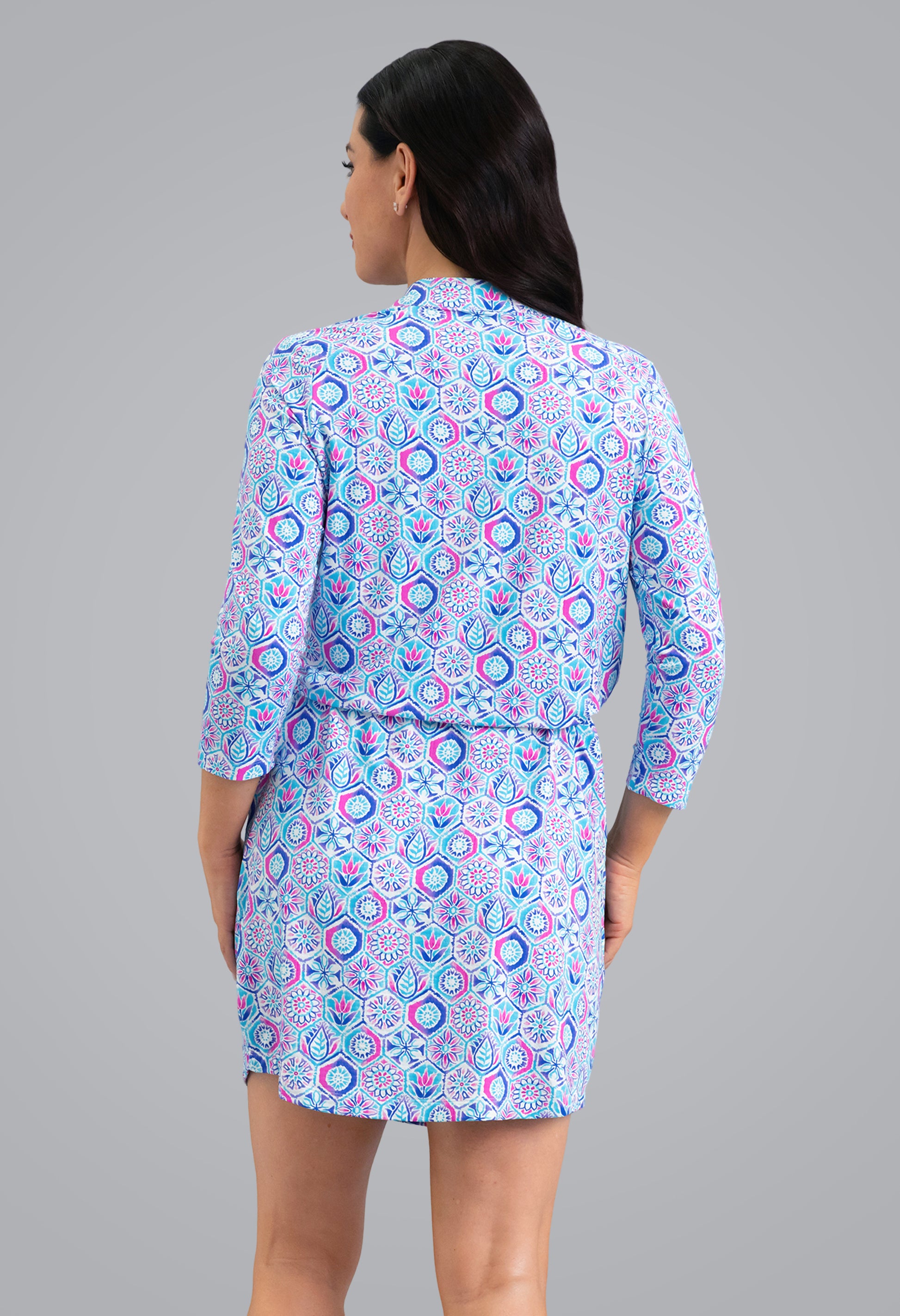 IBKÜL - Alexis 3/4 Sleeve Drawstring Dress - Color: Turquoise Multi