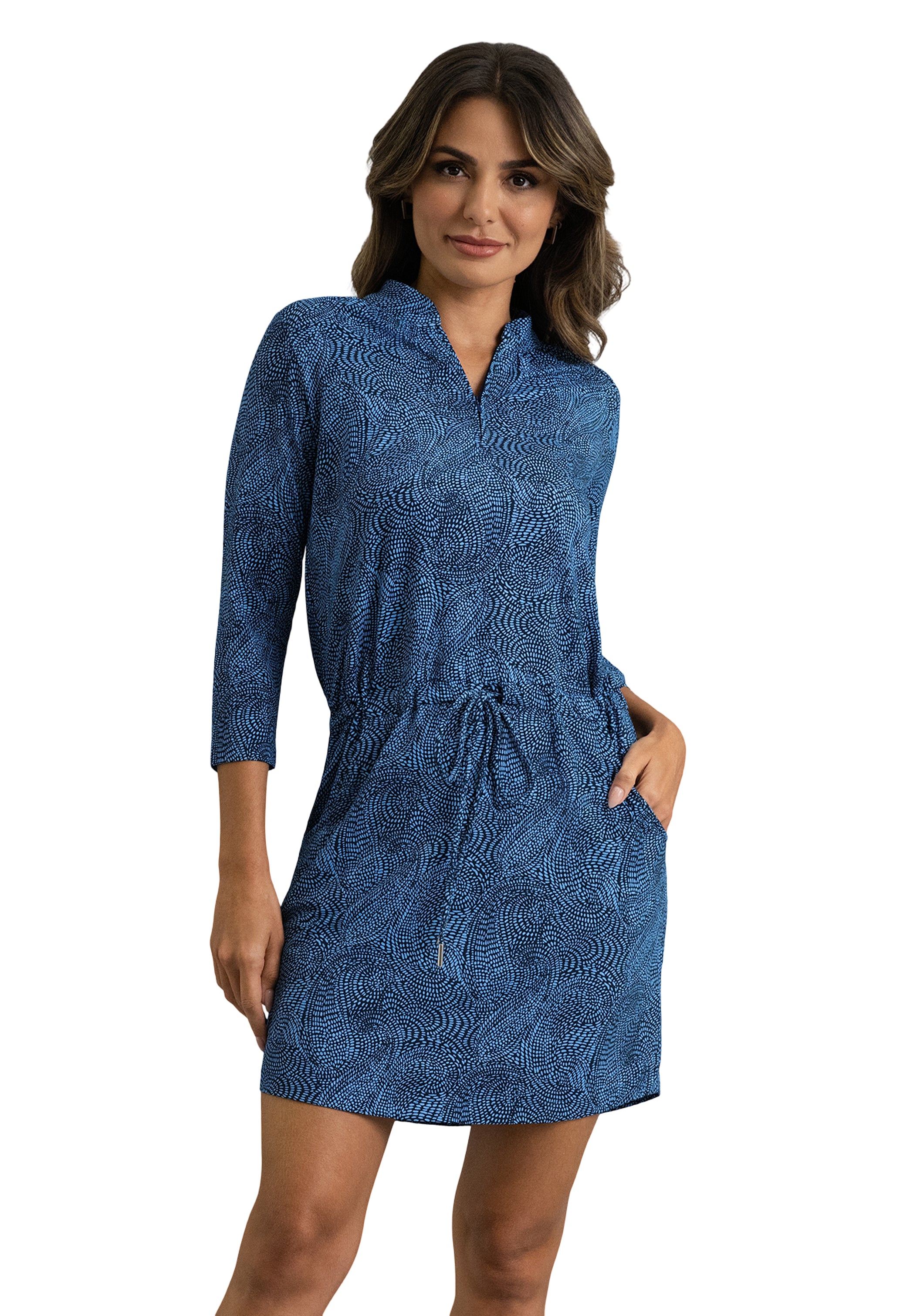 IBKÜL - Stephanie 3/4 Sleeve Drawstring Dress - Color: Classic Navy/Peri
