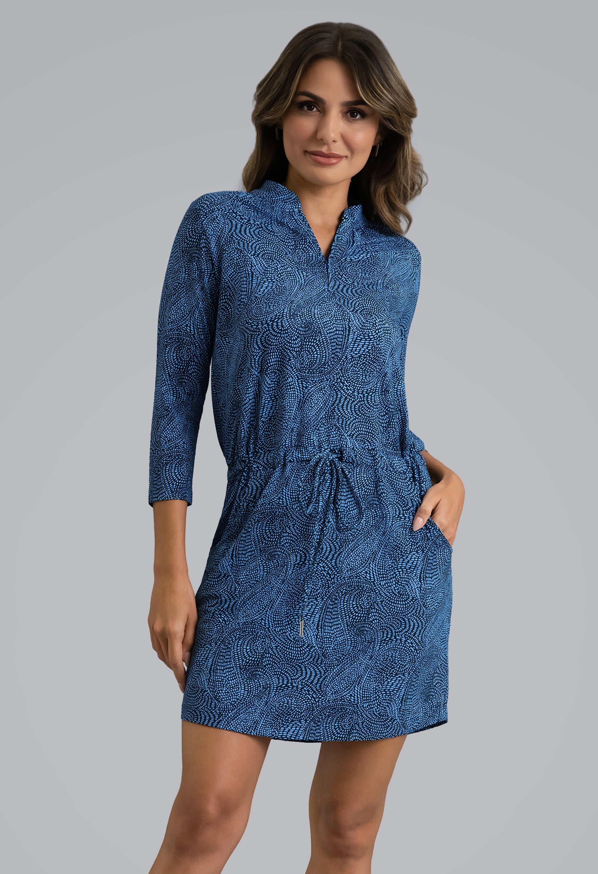 IBKÜL - Stephanie 3/4 Sleeve Drawstring Dress - Color: Classic Navy/Peri