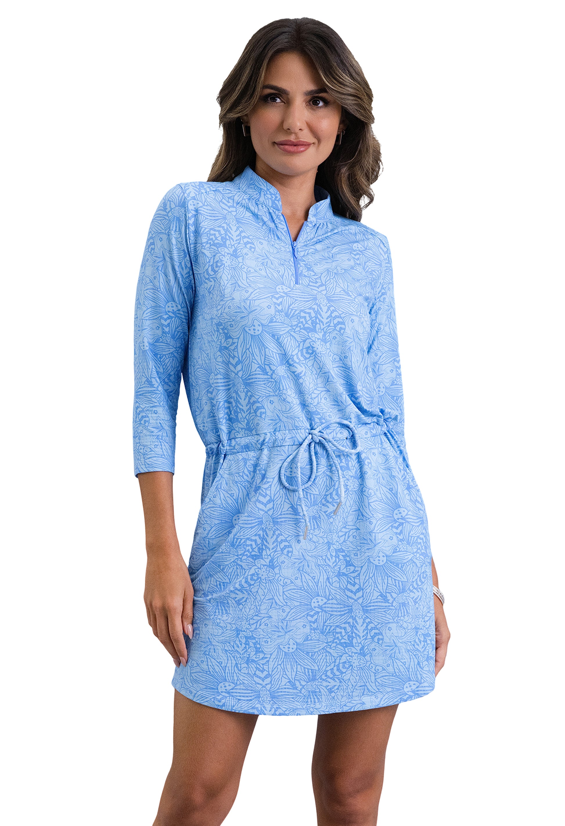 IBKÜL - Annie 3/4 Sleeve Drawstring Dress - Color: Peri/Lt. Peri