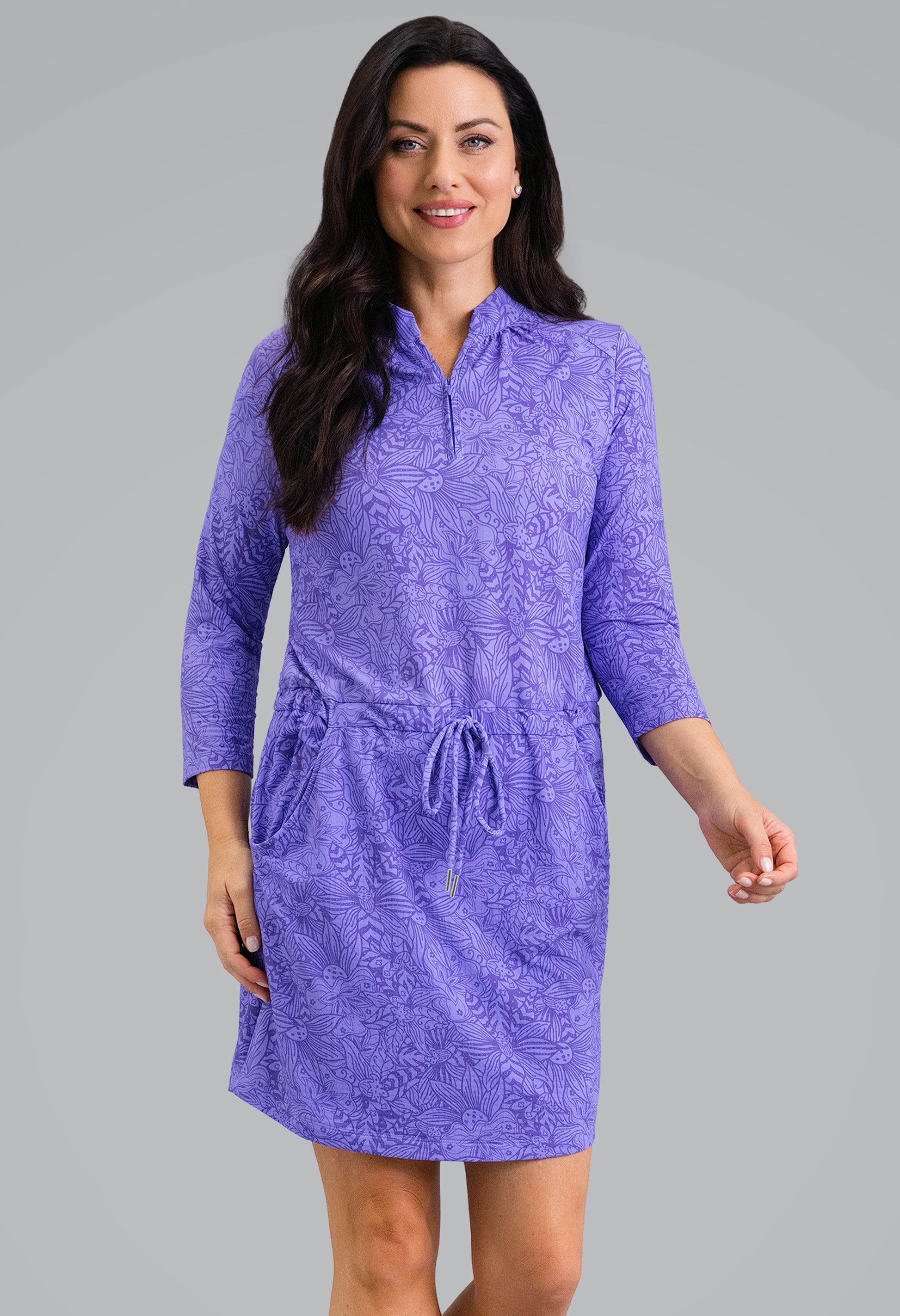 IBKÜL - Annie 3/4 Sleeve Drawstring Dress - Color: Plum/Lavender