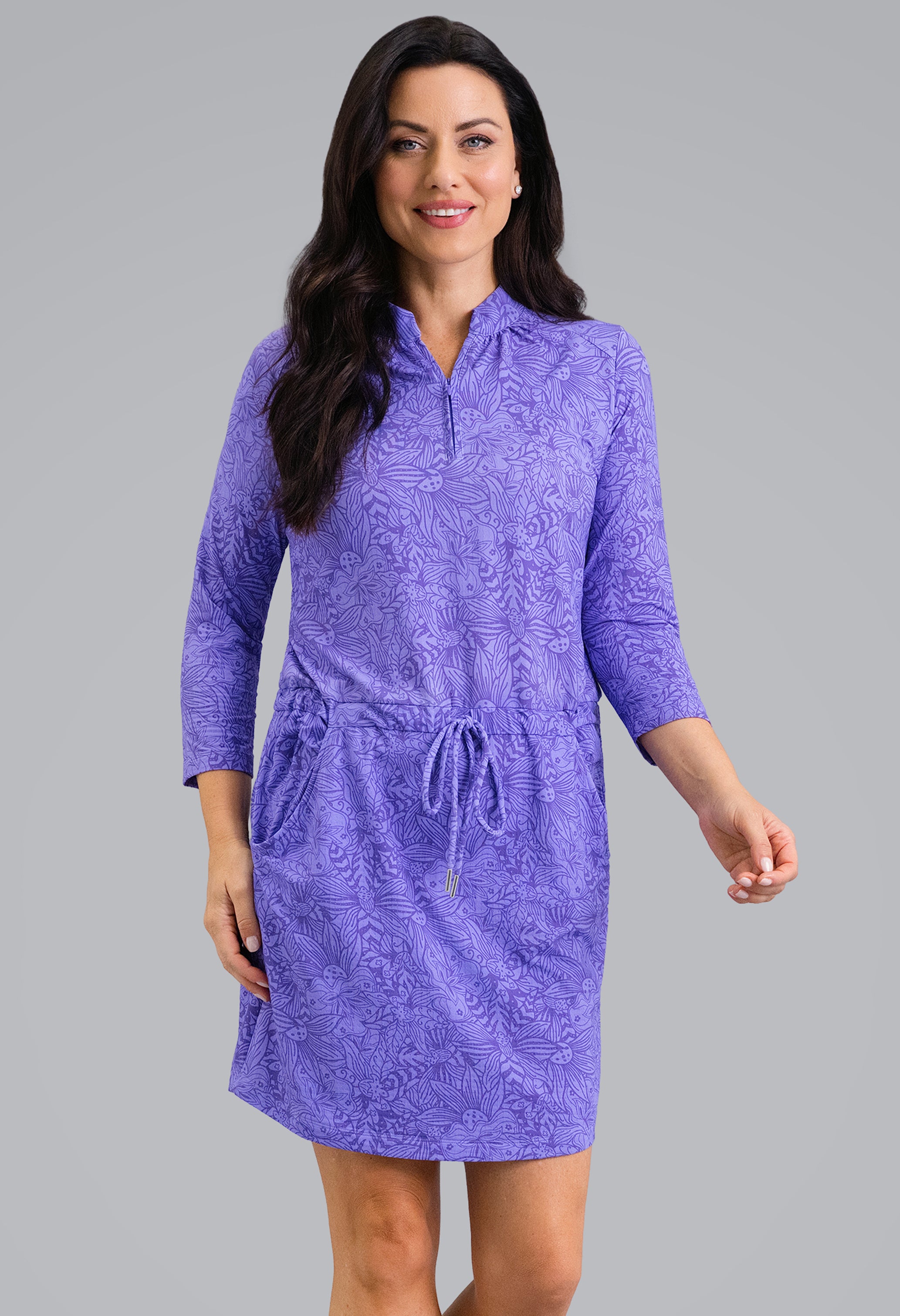 IBKÜL - Annie 3/4 Sleeve Drawstring Dress - Color: Plum/Lavender