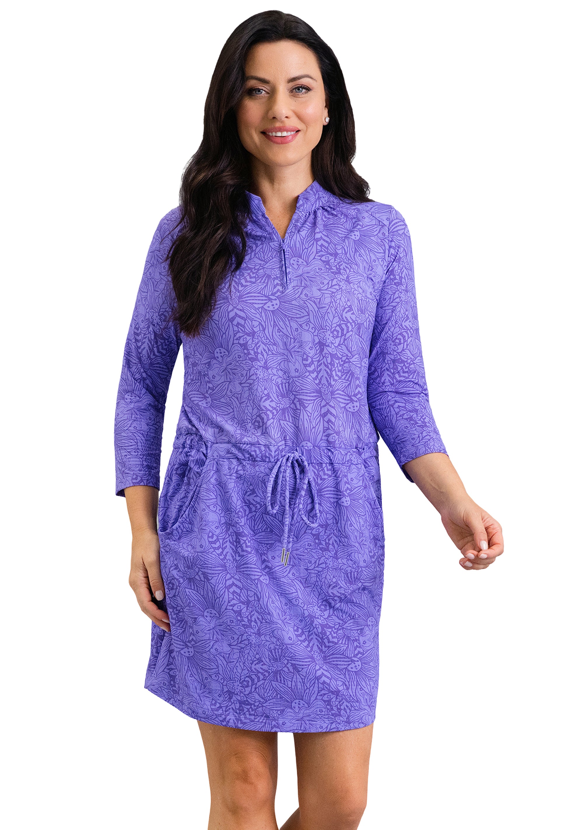 IBKÜL - Annie 3/4 Sleeve Drawstring Dress - Color: Plum/Lavender