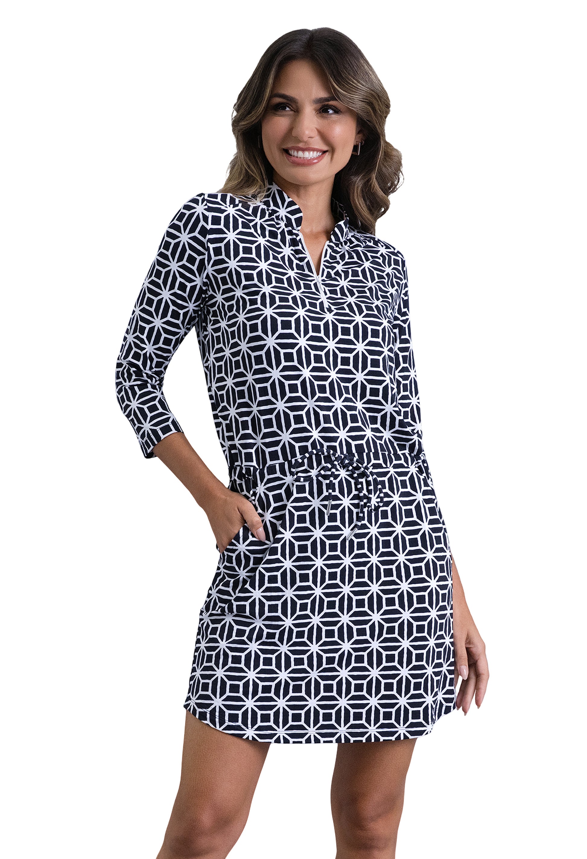 IBKÜL - Carolyn 3/4 Sleeve Drawstring Dress - Color: Black