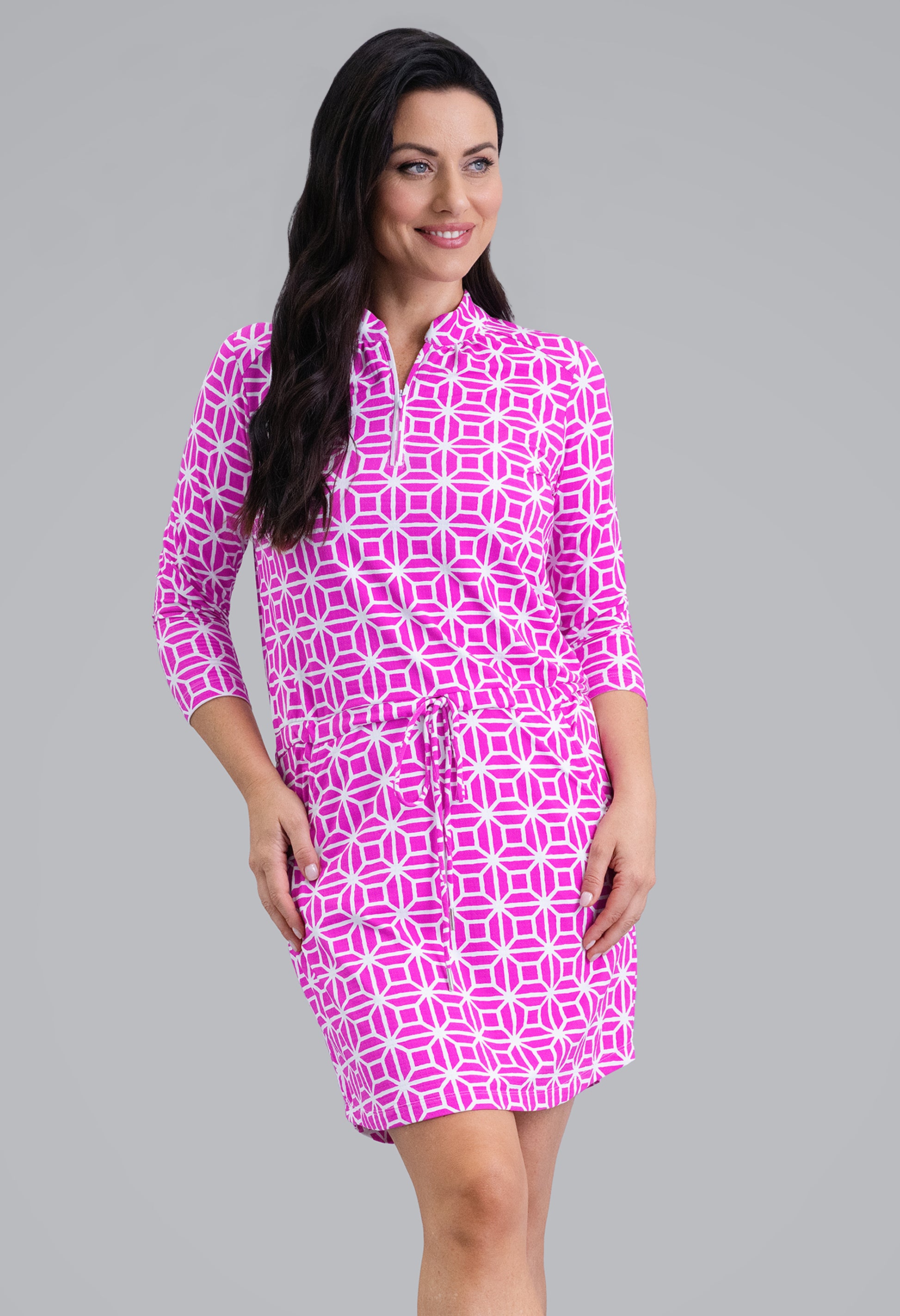 IBKÜL - Carolyn 3/4 Sleeve Drawstring Dress - Color: Hot Pink