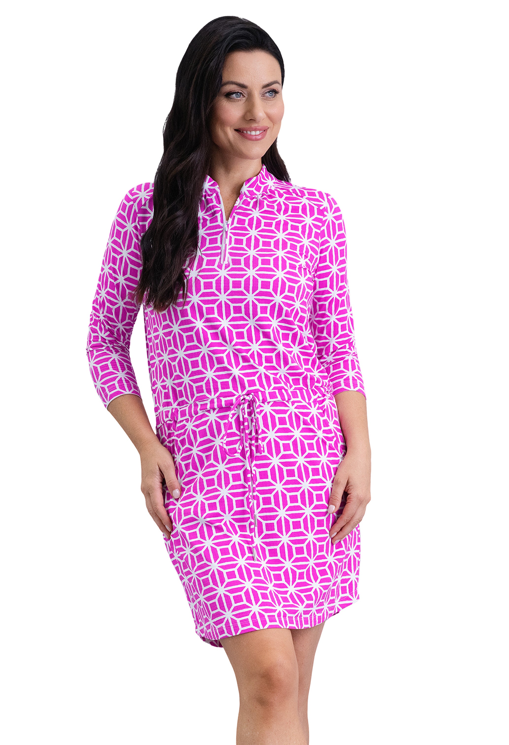 IBKÜL - Carolyn 3/4 Sleeve Drawstring Dress - Color: Hot Pink