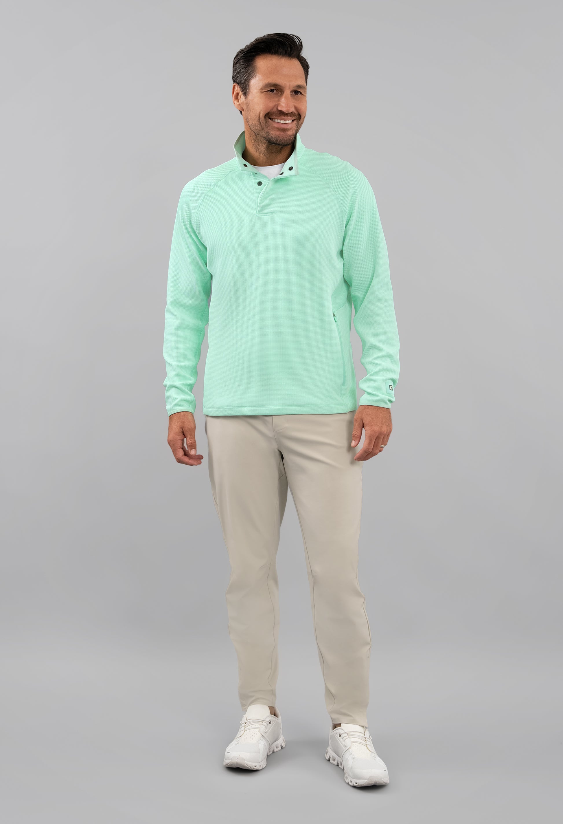 IBKÜL - Waffle Knit 1/4 Snap Mock Neck Top - Color: Pool Party Heather