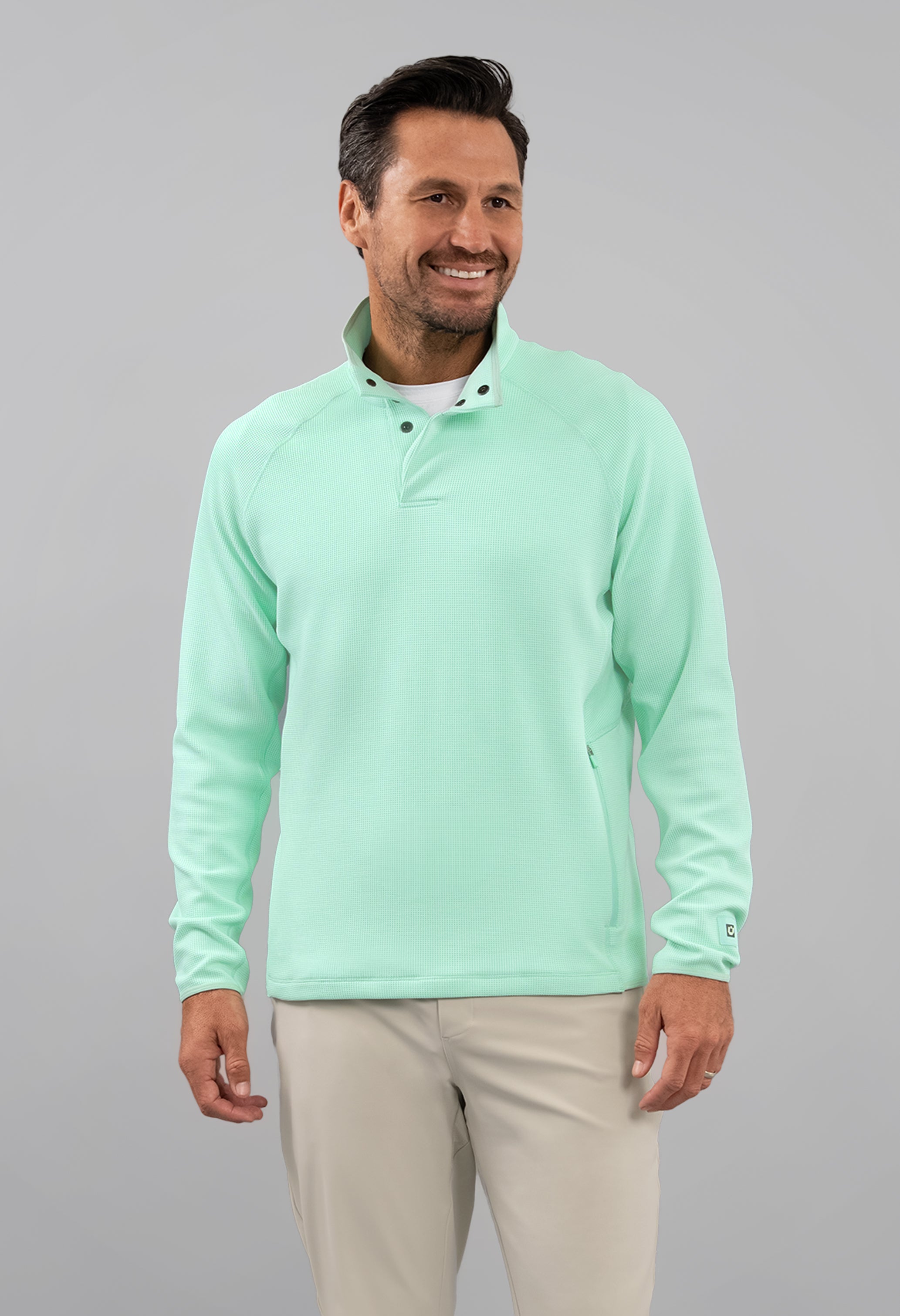 IBKÜL - Waffle Knit 1/4 Snap Mock Neck Top - Color: Pool Party Heather