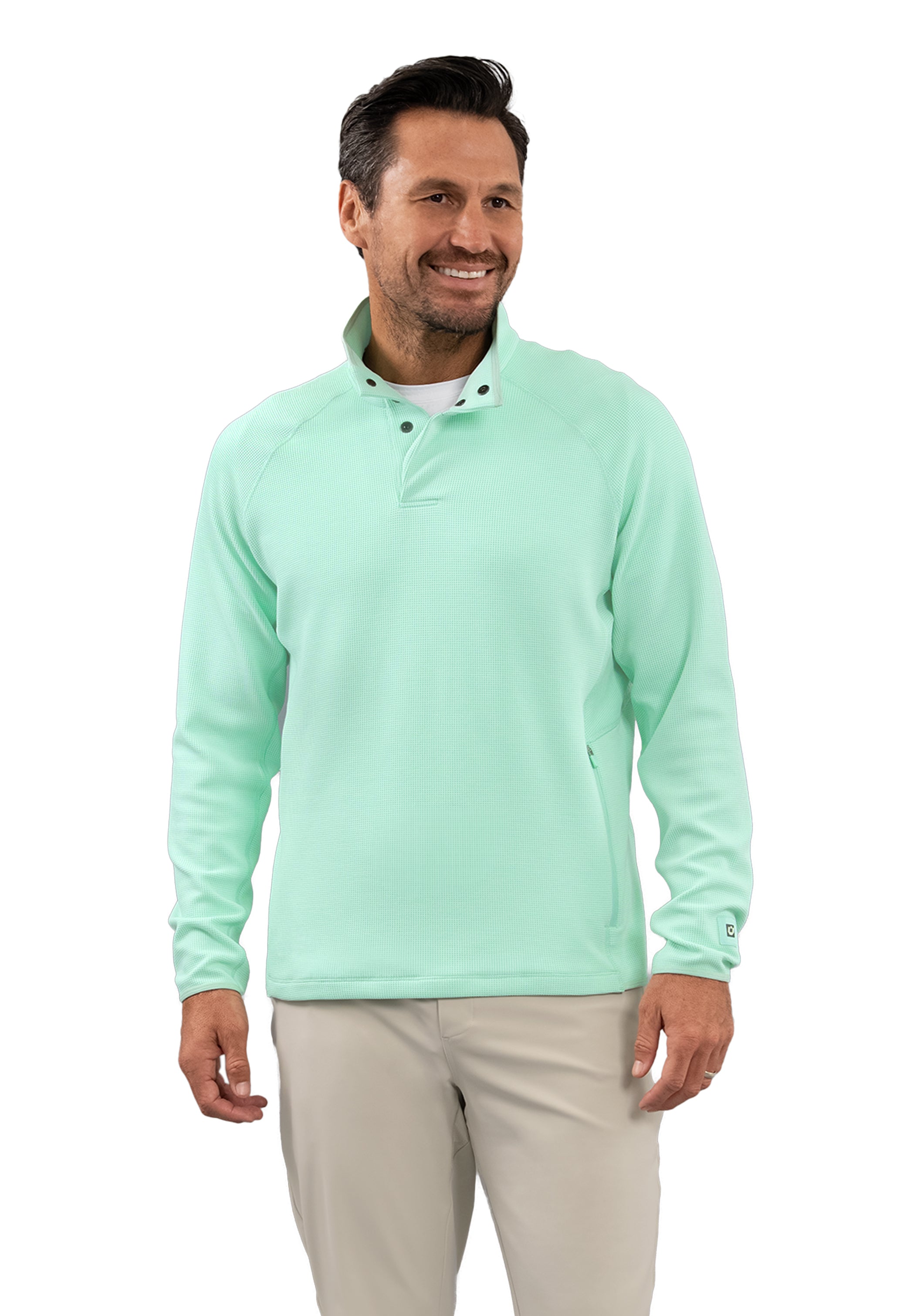 IBKÜL - Waffle Knit 1/4 Snap Mock Neck Top - Color: Pool Party Heather